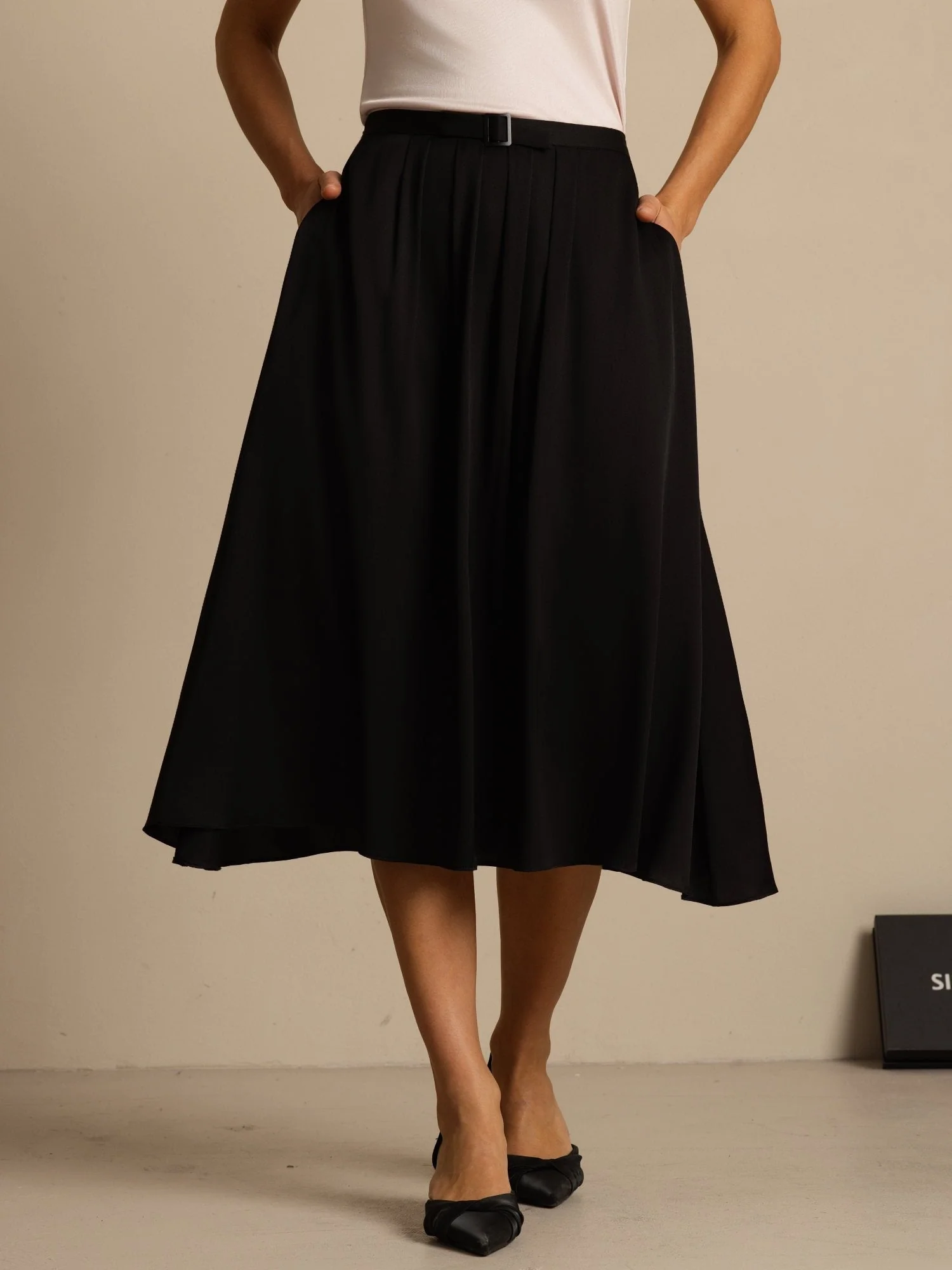19Momme Seiden High Waist A-Linie Plissierter Midi Rock mit Taschen - Image 8