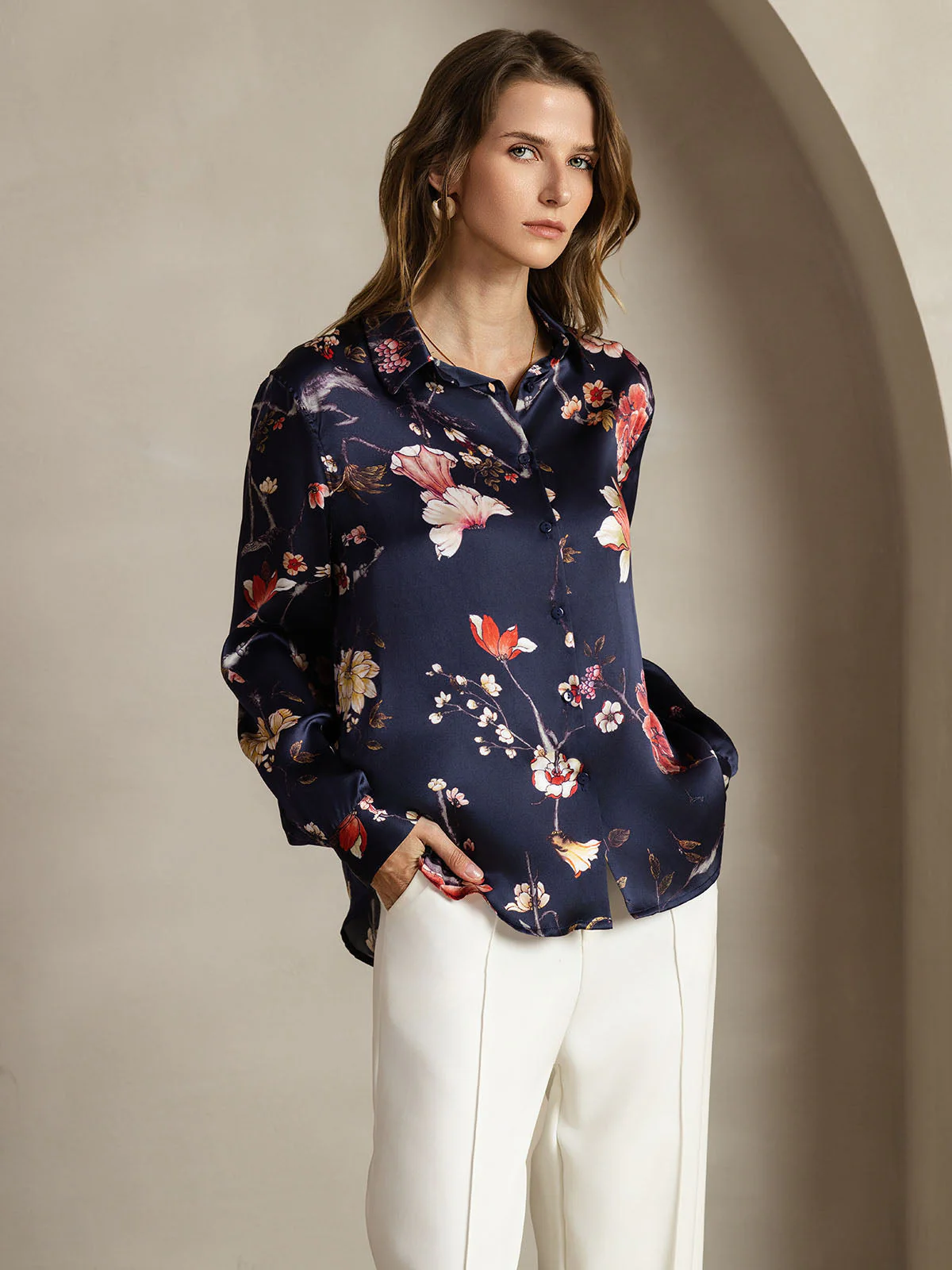 19Momme Seide Marine Blumenprint Langarm Reverskragen Damenbluse