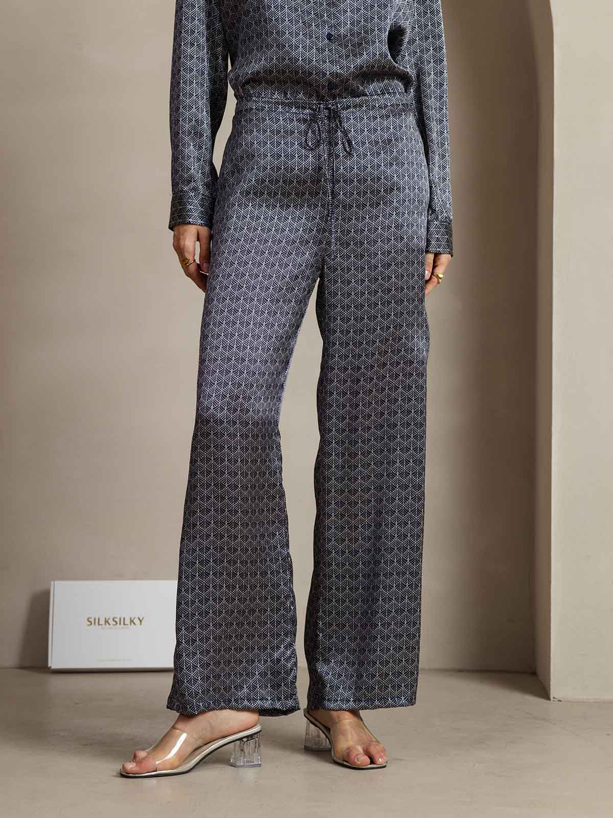 19Momme Seide Marineblau Ginkgo Print Weit Bein Damenhose Mit Seitentaschen Design