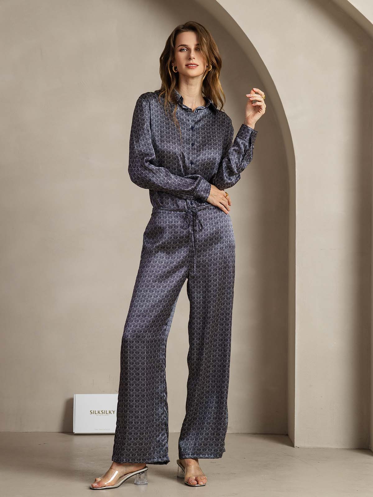 19Momme Seide Marineblau Ginkgo Print Weit Bein Damenhose Mit Seitentaschen Design - Image 3