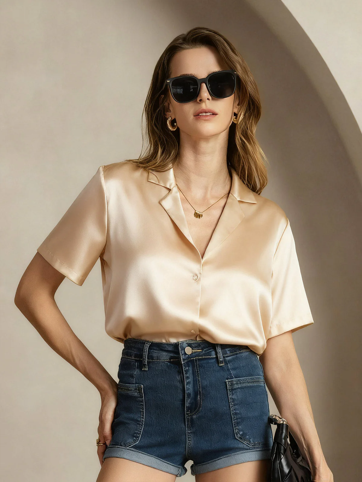 19Momme Seidenbluse für Damen mit kurzem Ärmel, Reverskragen und Knopfverschluss - Image 26