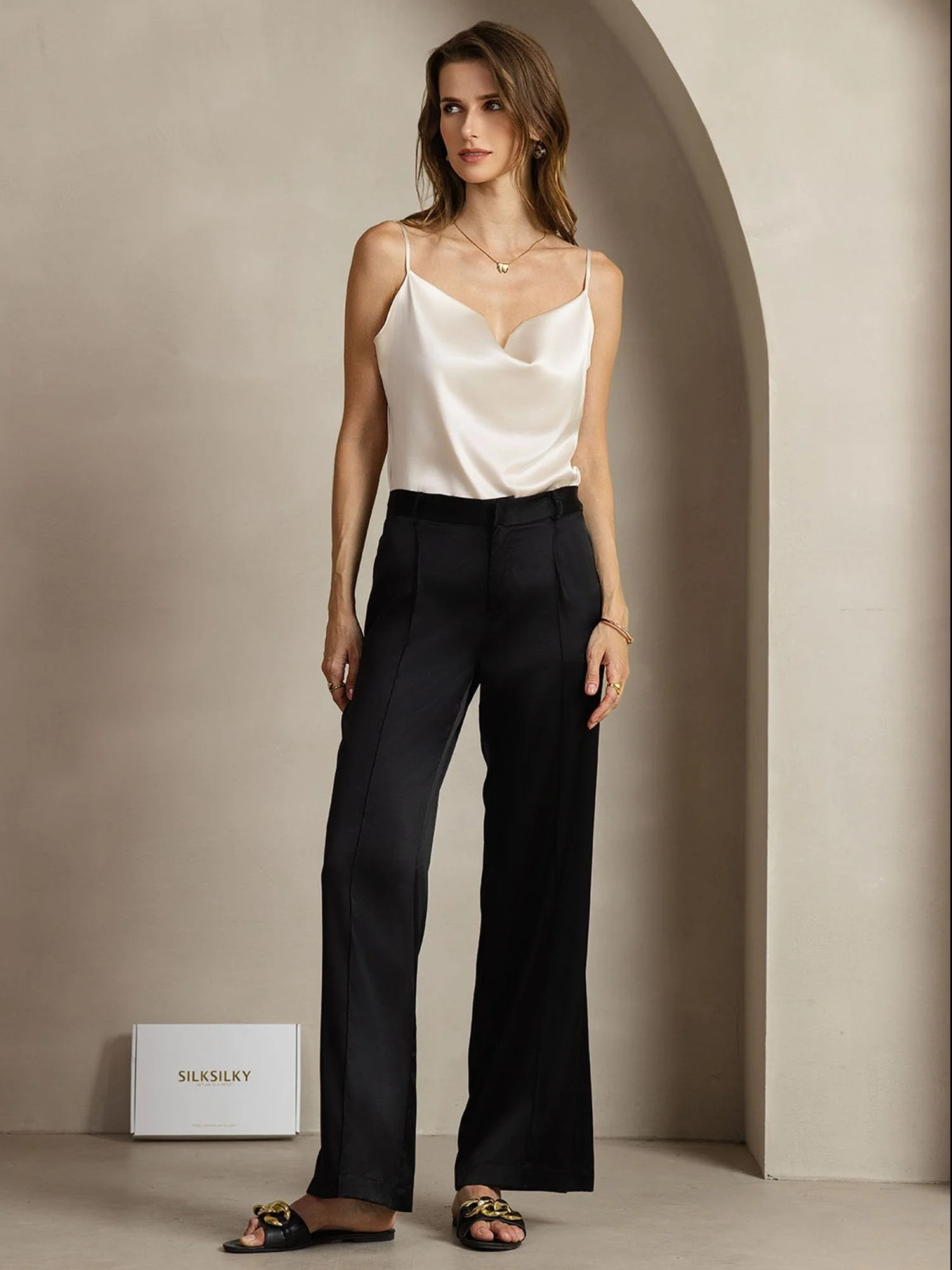 19Momme Seide Gerade Bein Damenhose Mit Seitentaschen Design - Image 10