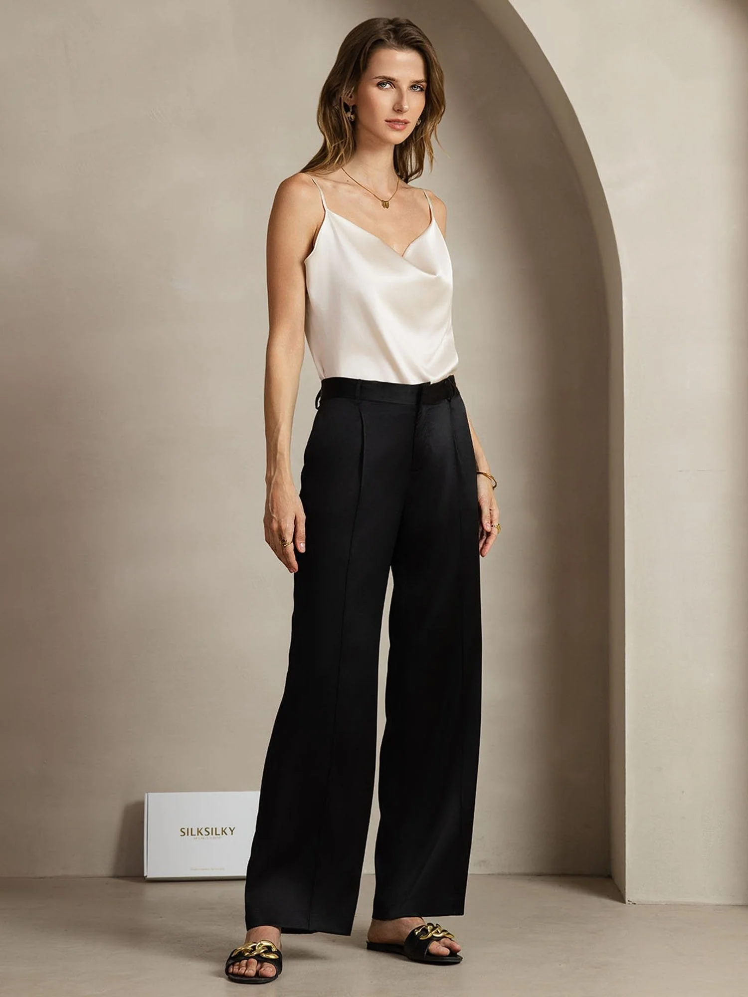 19Momme Seide Gerade Bein Damenhose Mit Seitentaschen Design - Image 12