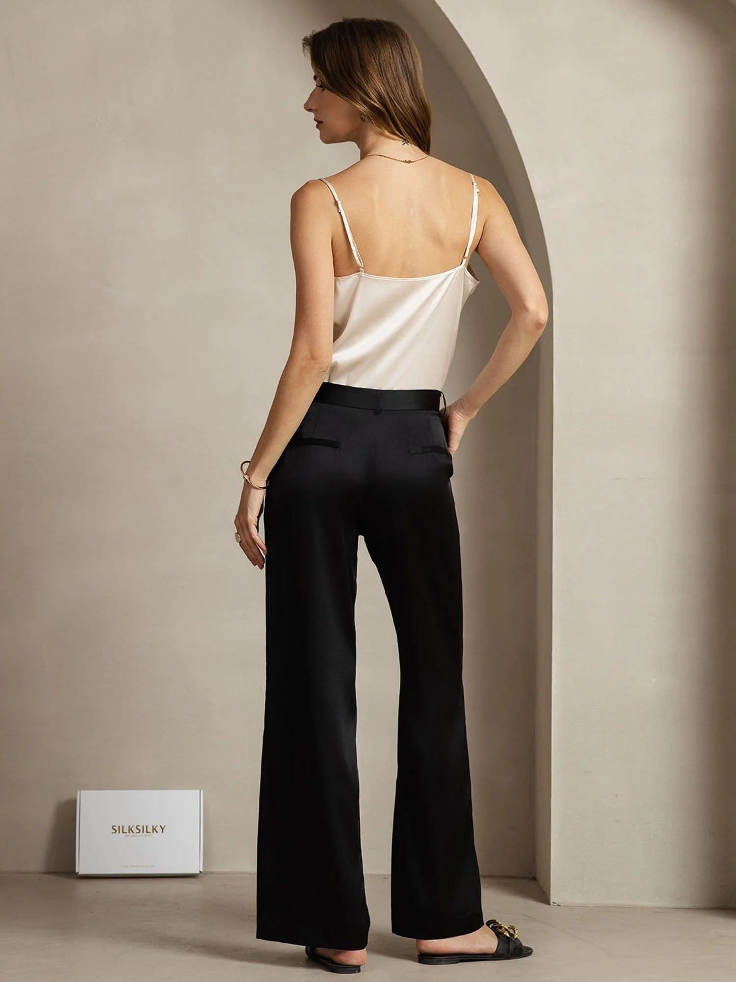 19Momme Seide Gerade Bein Damenhose Mit Seitentaschen Design - Image 13