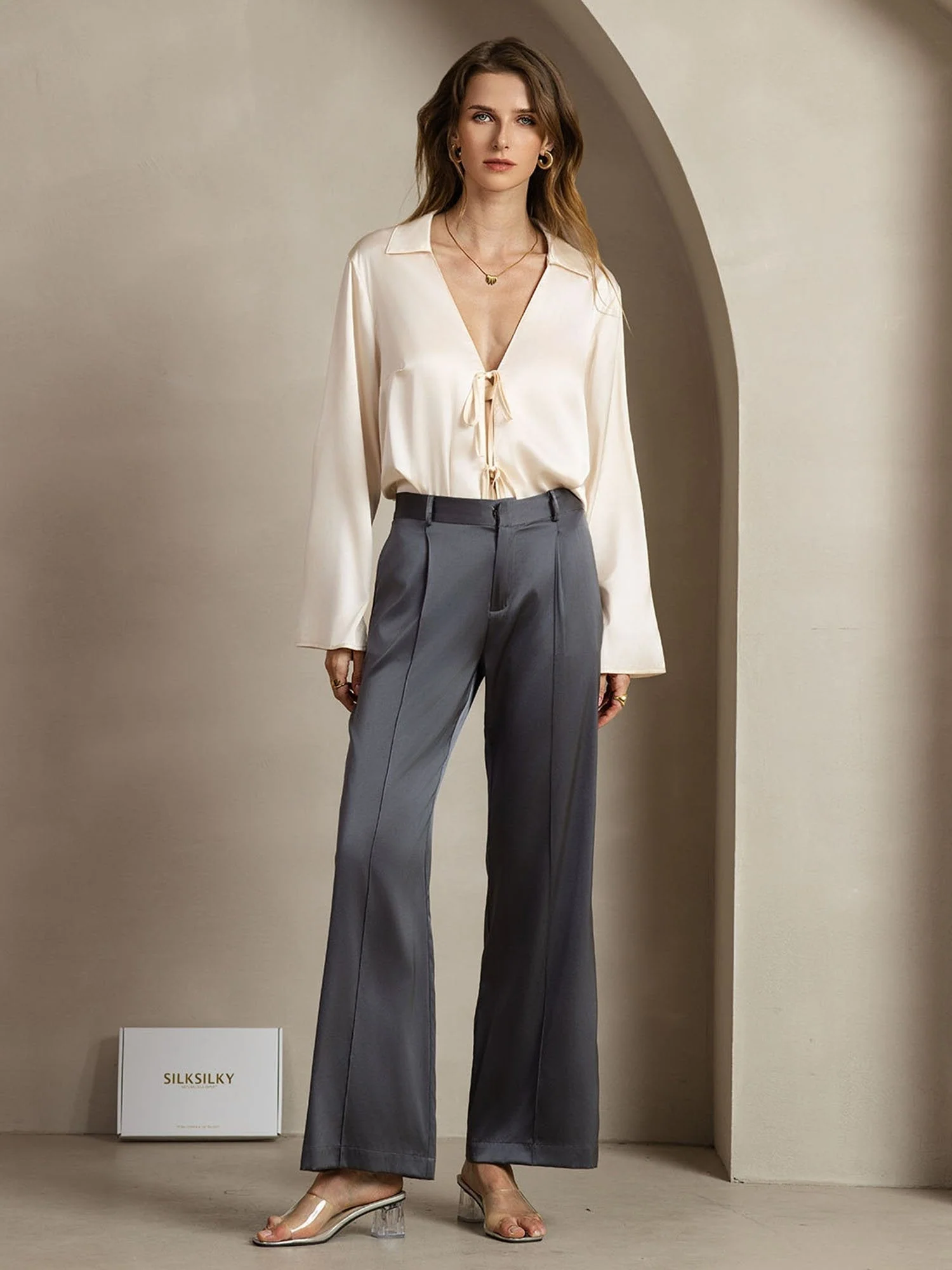 19Momme Seide Gerade Bein Damenhose Mit Seitentaschen Design - Image 3