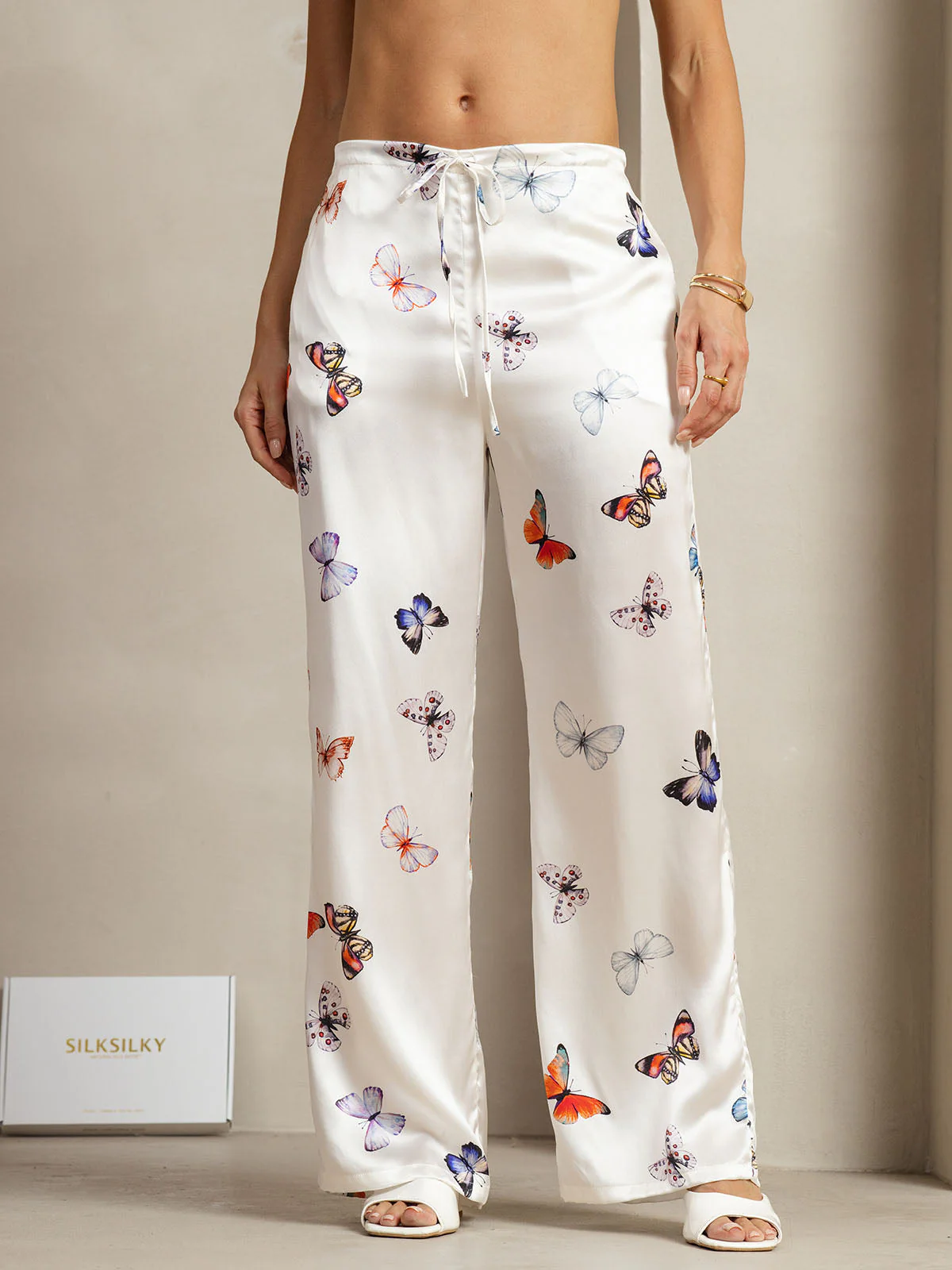 19Momme Seide Weiß Schmetterling Print Weit Bein Damenhose Mit Seitentaschen Design