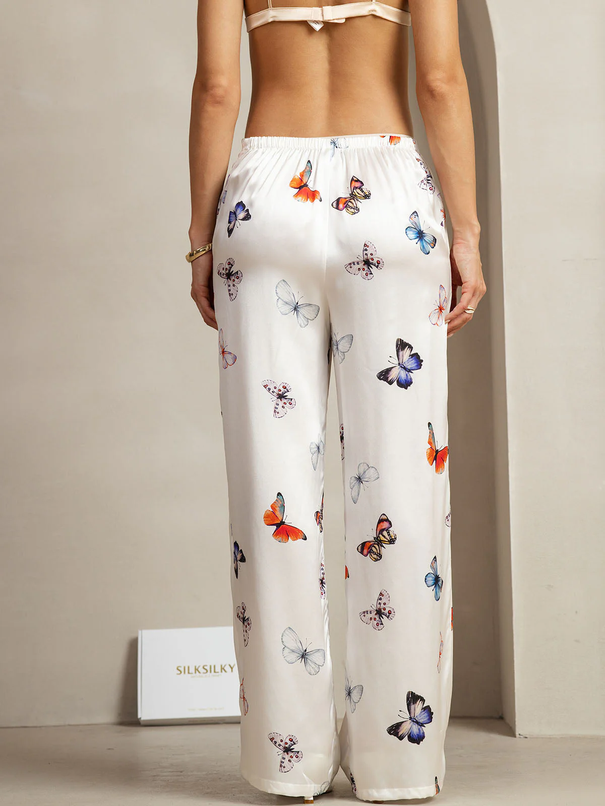 19Momme Seide Weiß Schmetterling Print Weit Bein Damenhose Mit Seitentaschen Design - Image 2