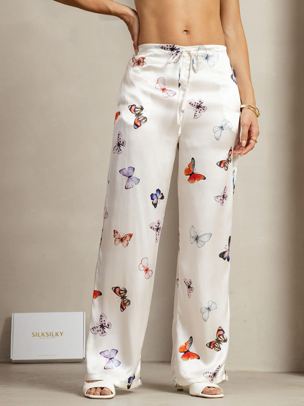 19Momme Seide Weiß Schmetterling Print Weit Bein Damenhose Mit Seitentaschen Design - Image 3