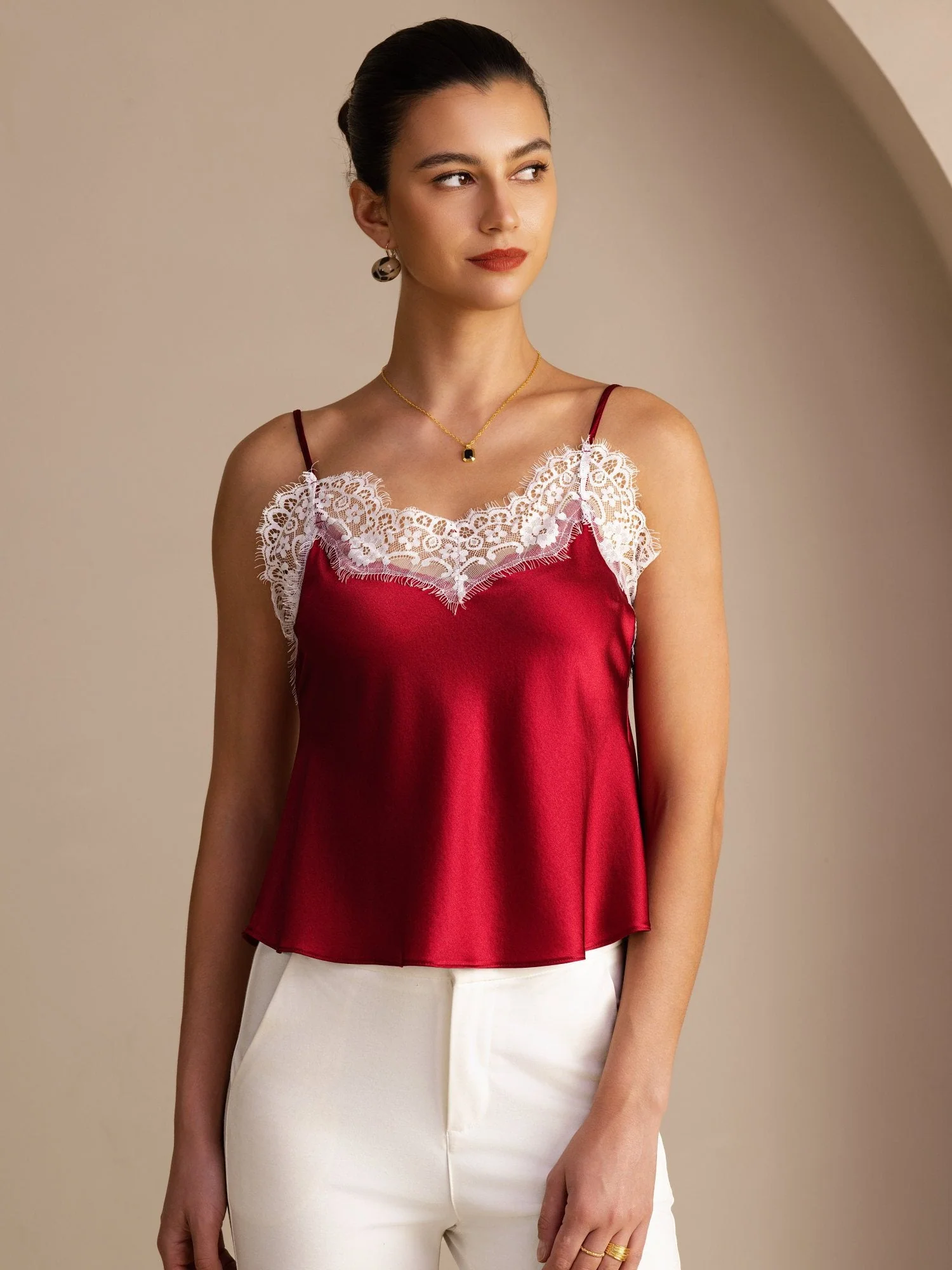 19Momme Seiden Damen Verstellbares Spaghettiträger V Ausschnitt Spitzenbesatz Camisole Top - Image 16