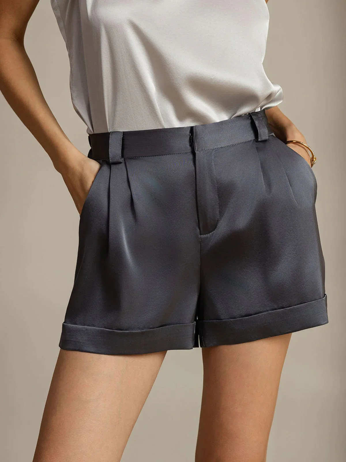 19Momme Seide Damen Shorts Mit Umschlag Und Seitentaschen Design