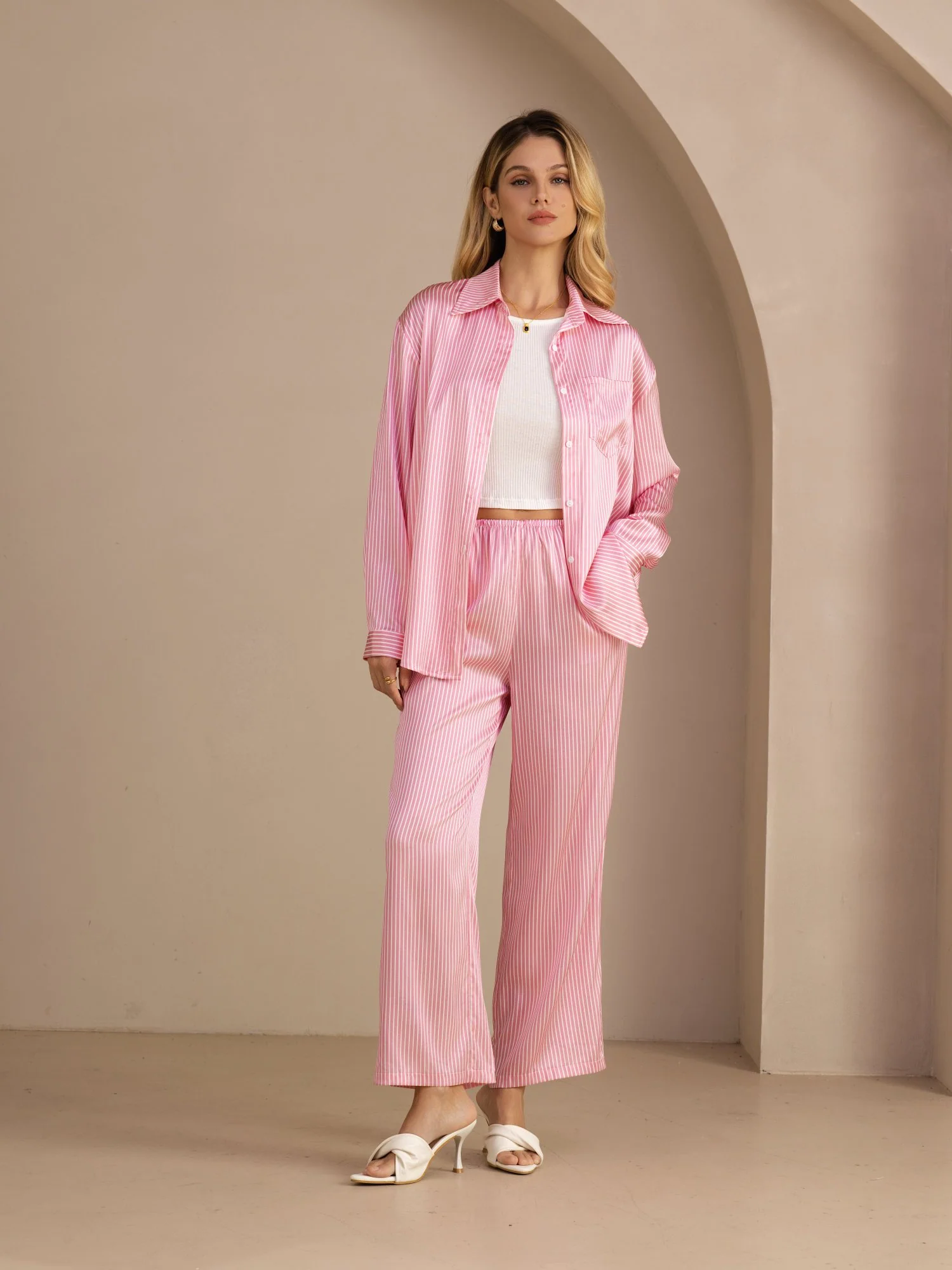 19 Momme Seide Damen Nadelstreifen Muster Langarm Hemd Und Lange Hose Set - Image 7