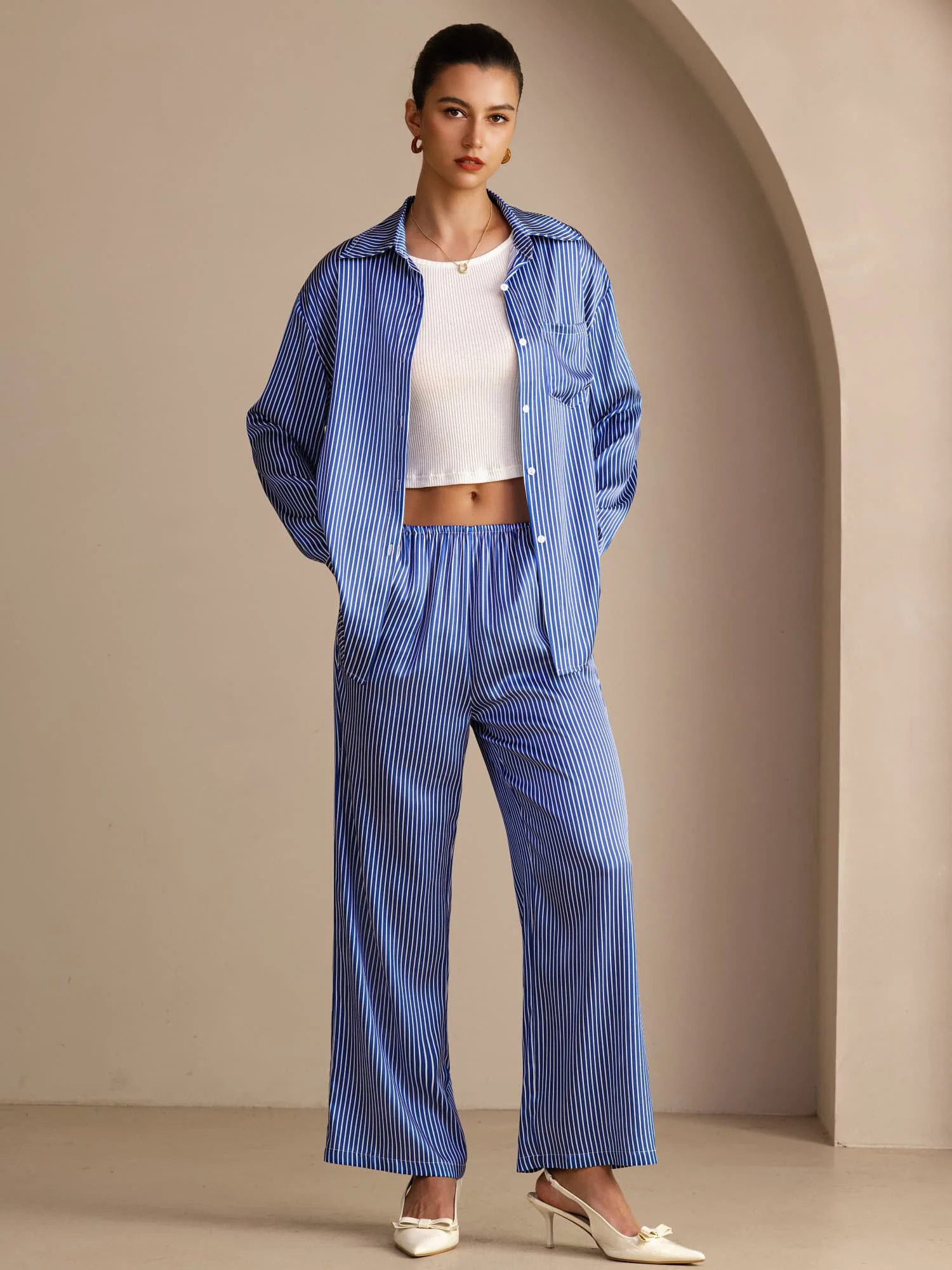 19 Momme Seide Damen Nadelstreifen Muster Langarm Hemd Und Lange Hose Set - Image 8