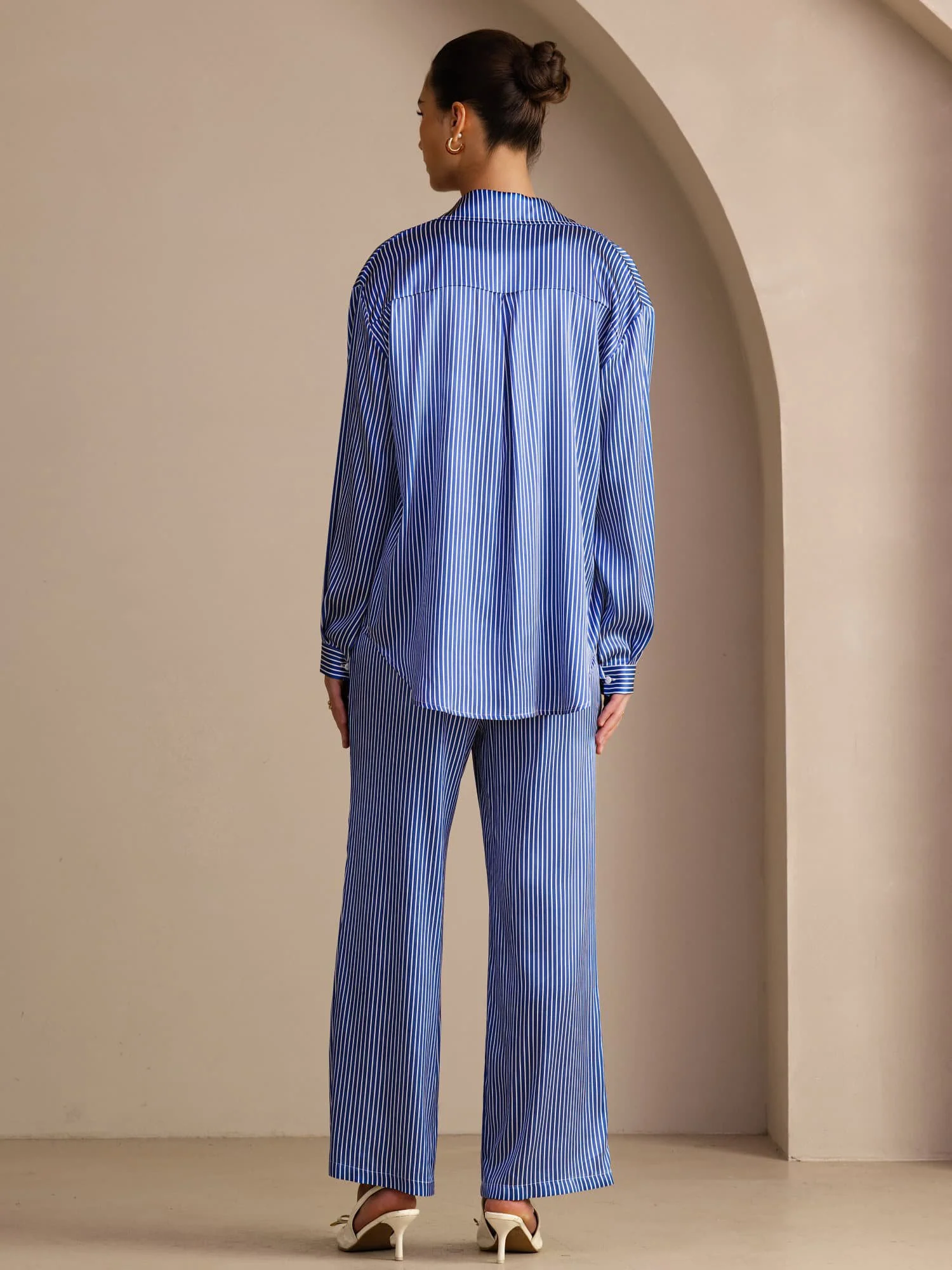 19 Momme Seide Damen Nadelstreifen Muster Langarm Hemd Und Lange Hose Set - Image 9