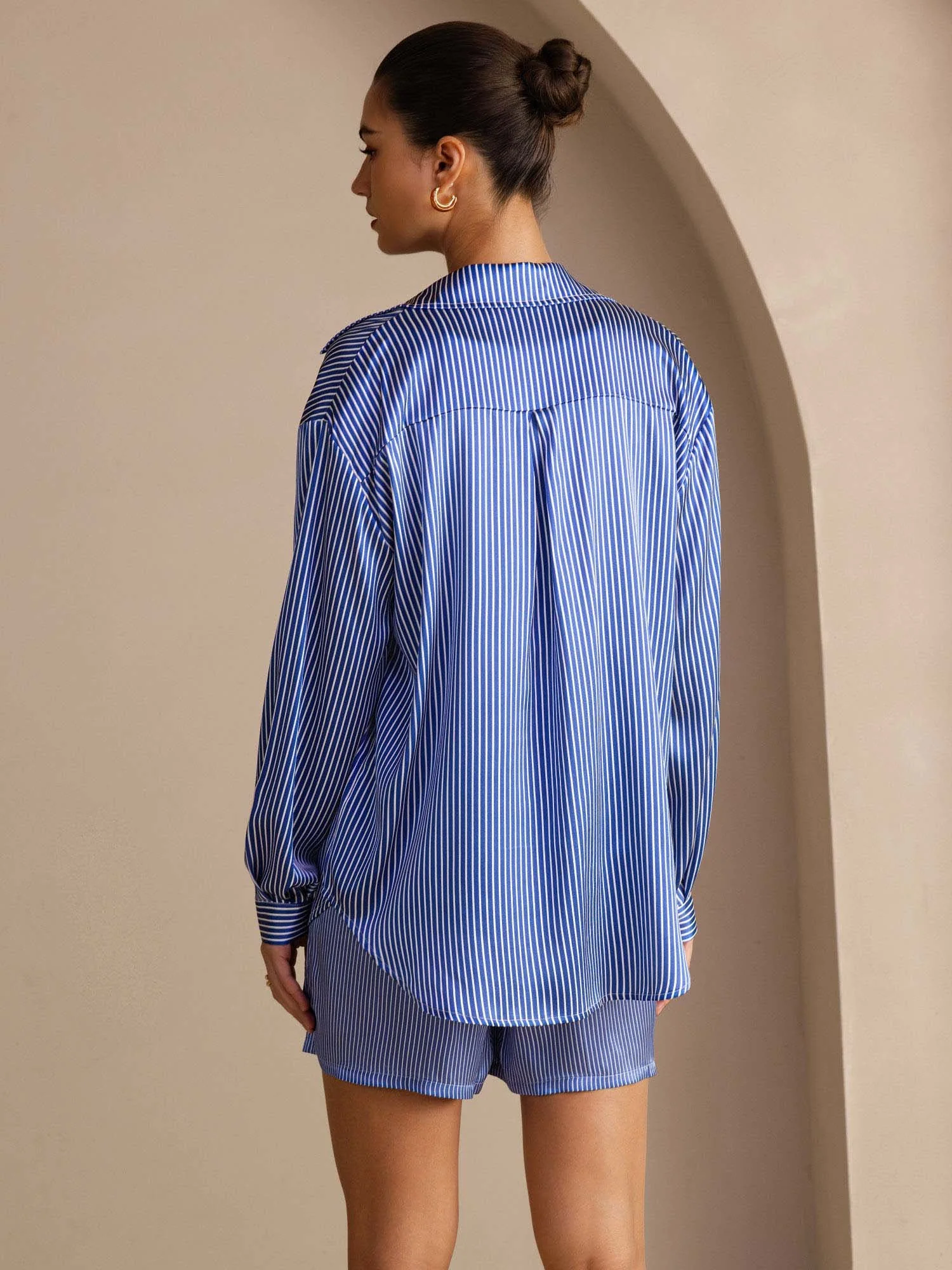 19 Momme Seide Damen Gestreift Muster Langarm Hemd Und Shorts Set - Image 9