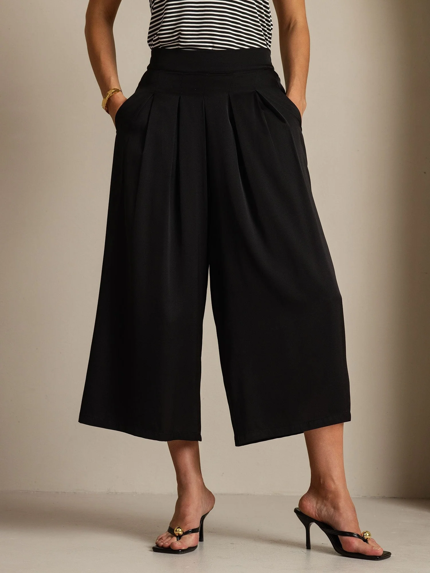 Damen 19Momme Seide Hohe Taille Plissierte Weite Capri Hose