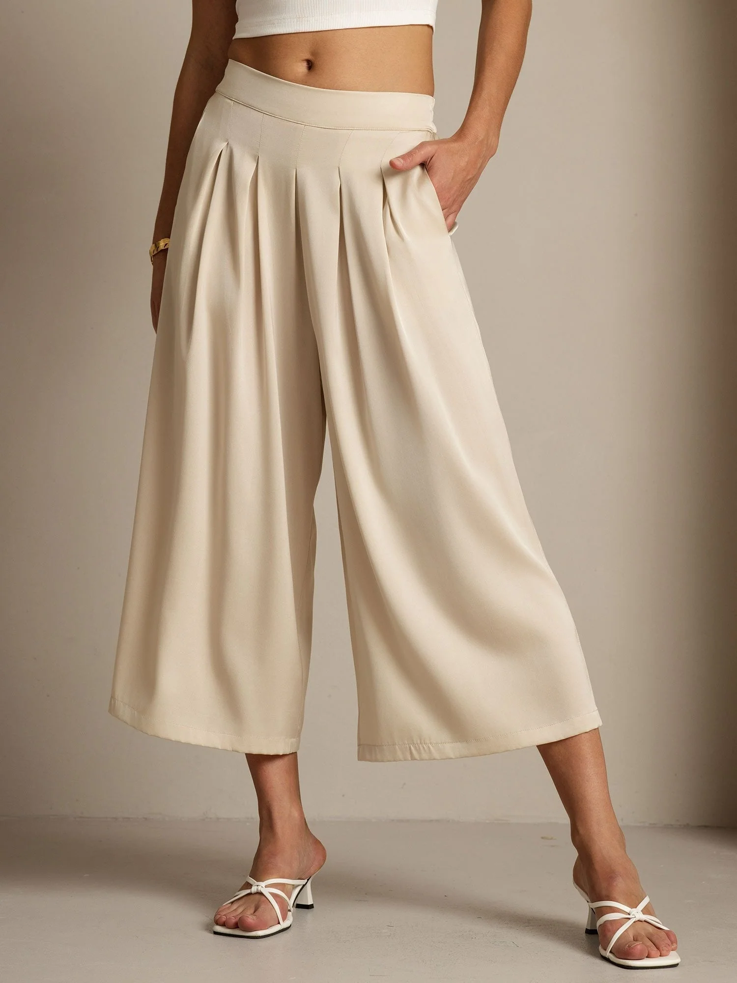 Damen 19Momme Seide Hohe Taille Plissierte Weite Capri Hose - Image 10