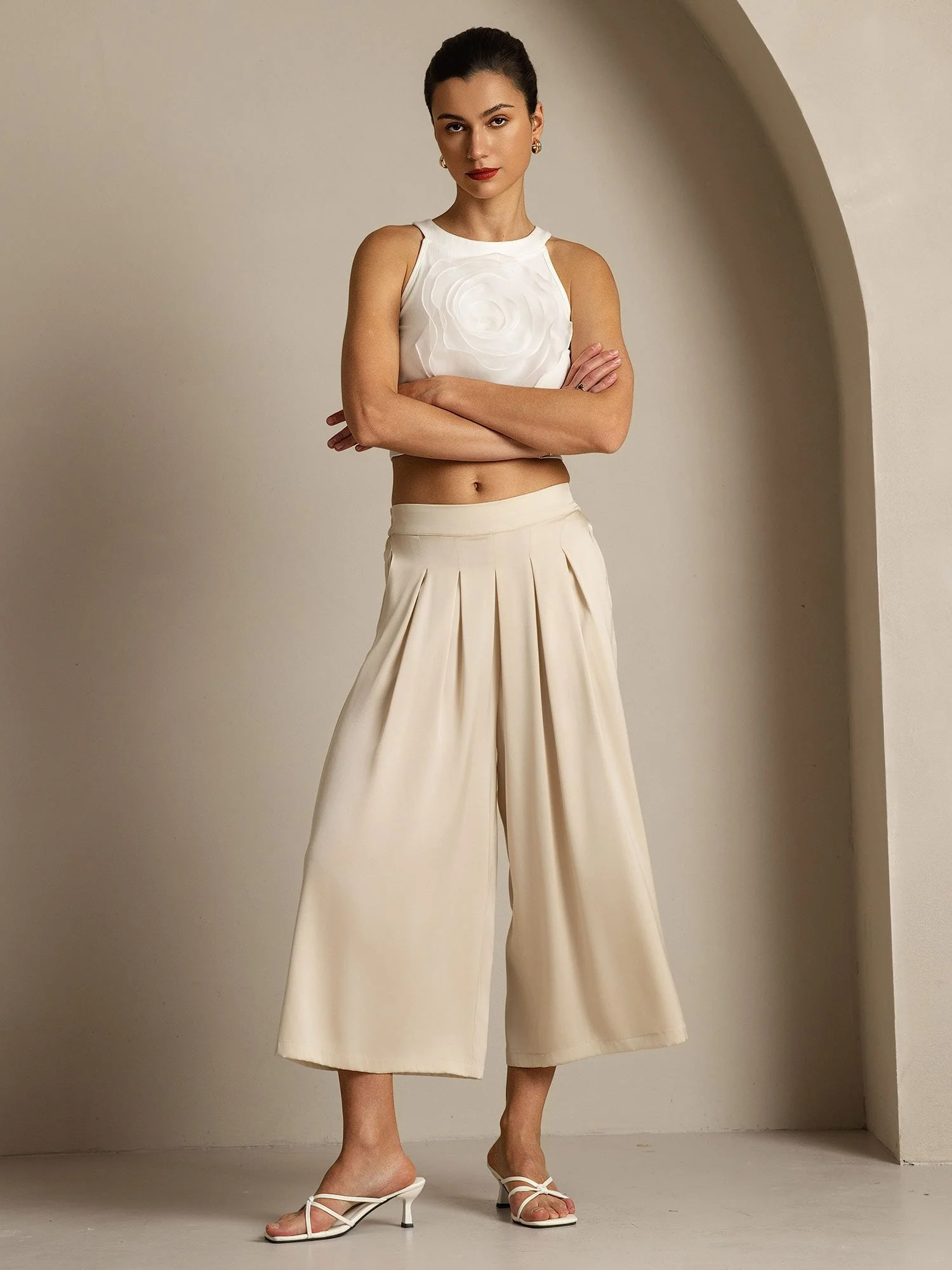 Damen 19Momme Seide Hohe Taille Plissierte Weite Capri Hose - Image 15