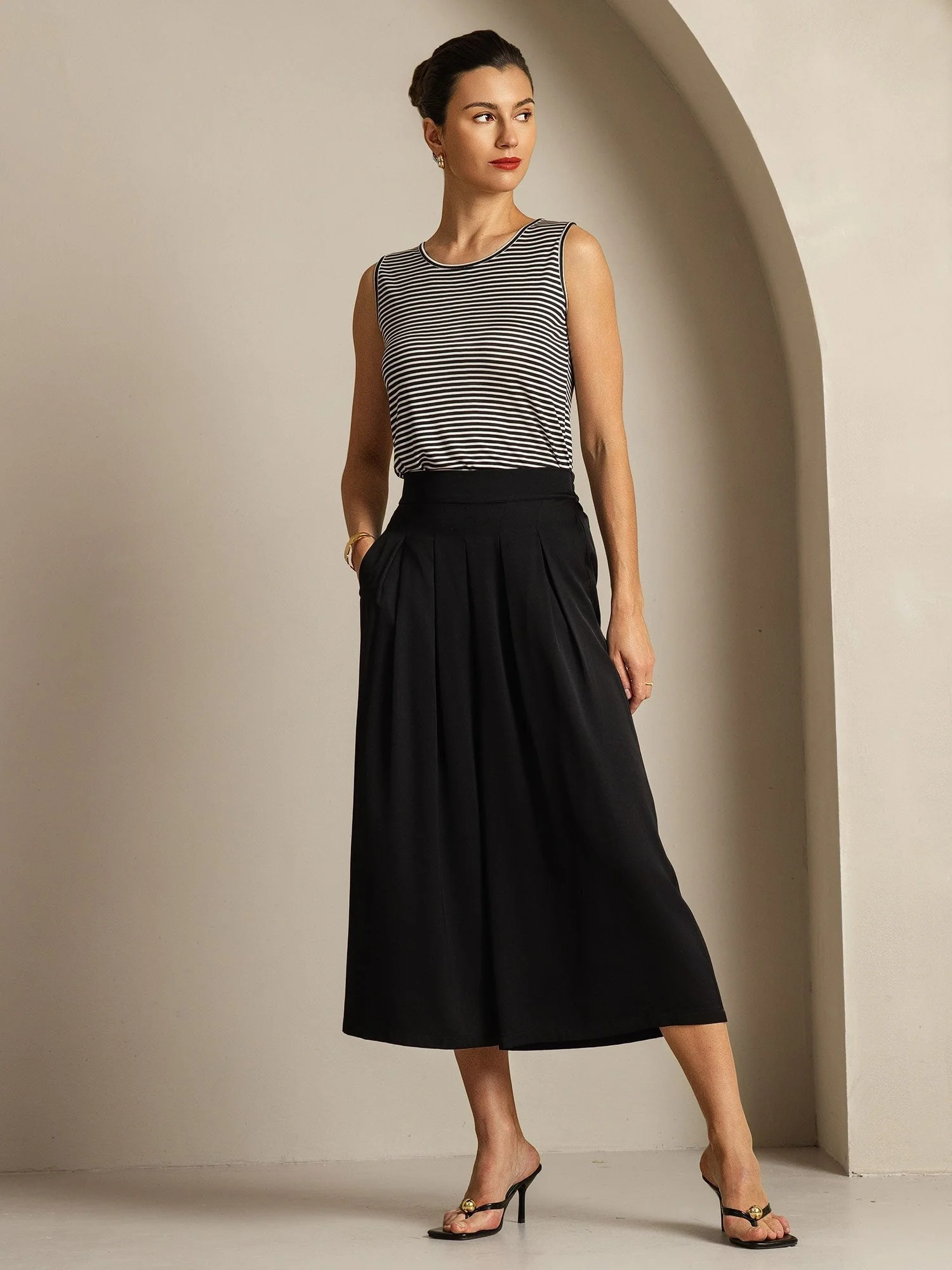 Damen 19Momme Seide Hohe Taille Plissierte Weite Capri Hose - Image 3
