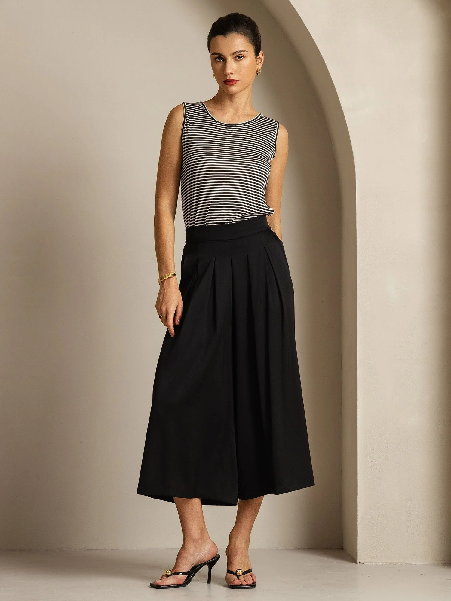 Damen 19Momme Seide Hohe Taille Plissierte Weite Capri Hose - Image 5