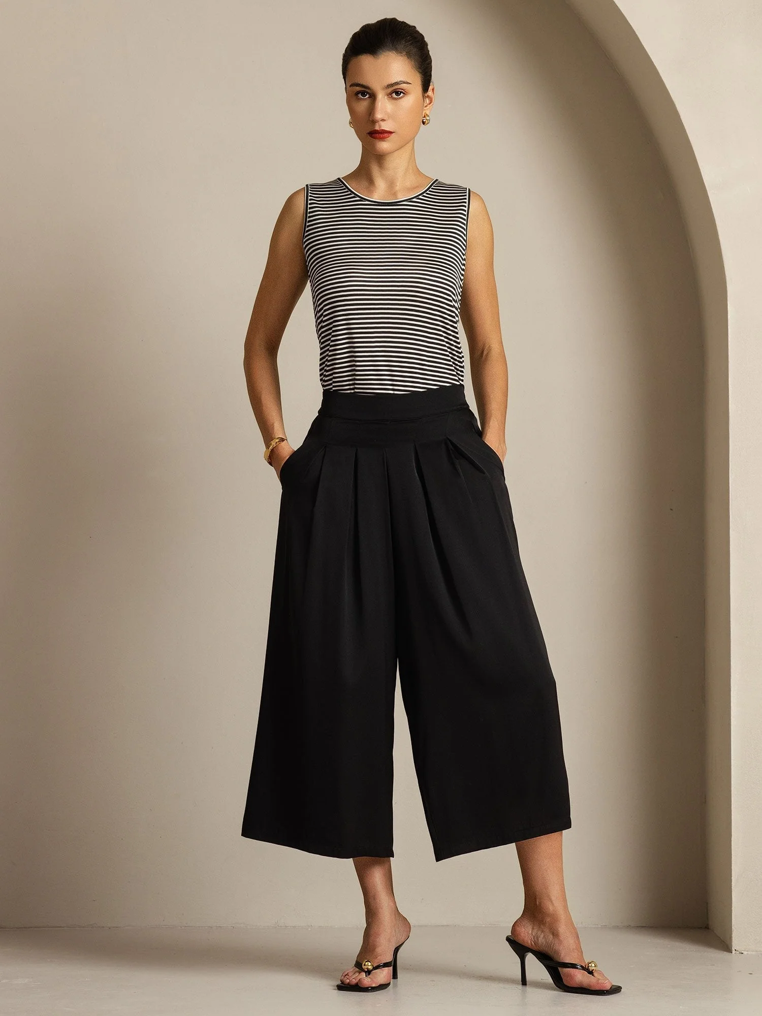 Damen 19Momme Seide Hohe Taille Plissierte Weite Capri Hose - Image 6