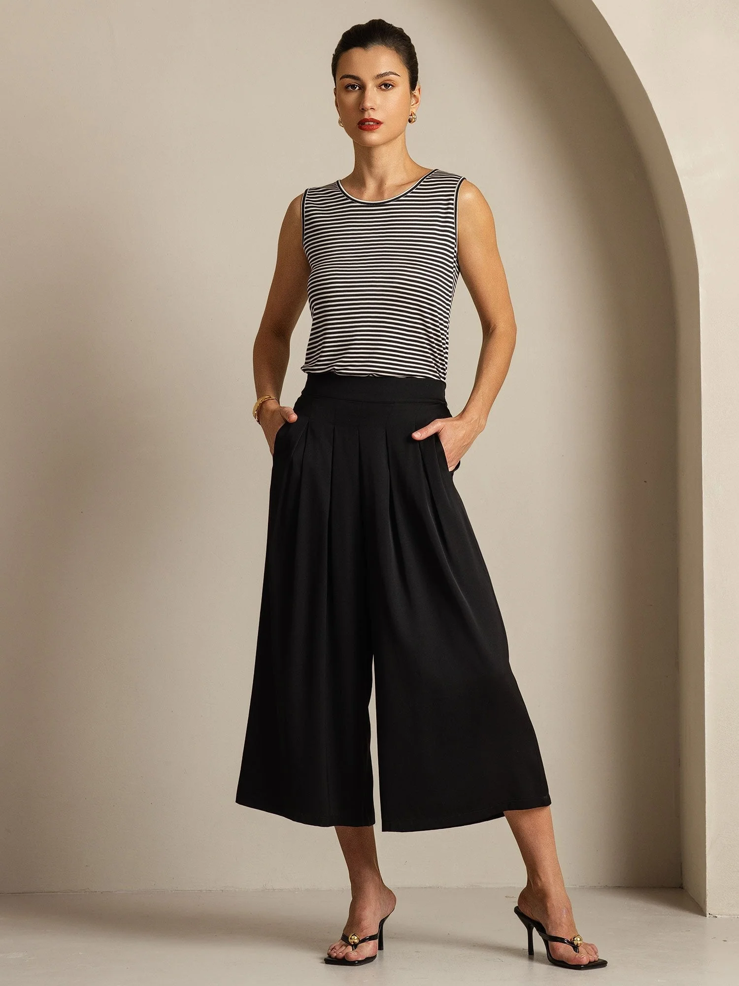 Damen 19Momme Seide Hohe Taille Plissierte Weite Capri Hose - Image 7