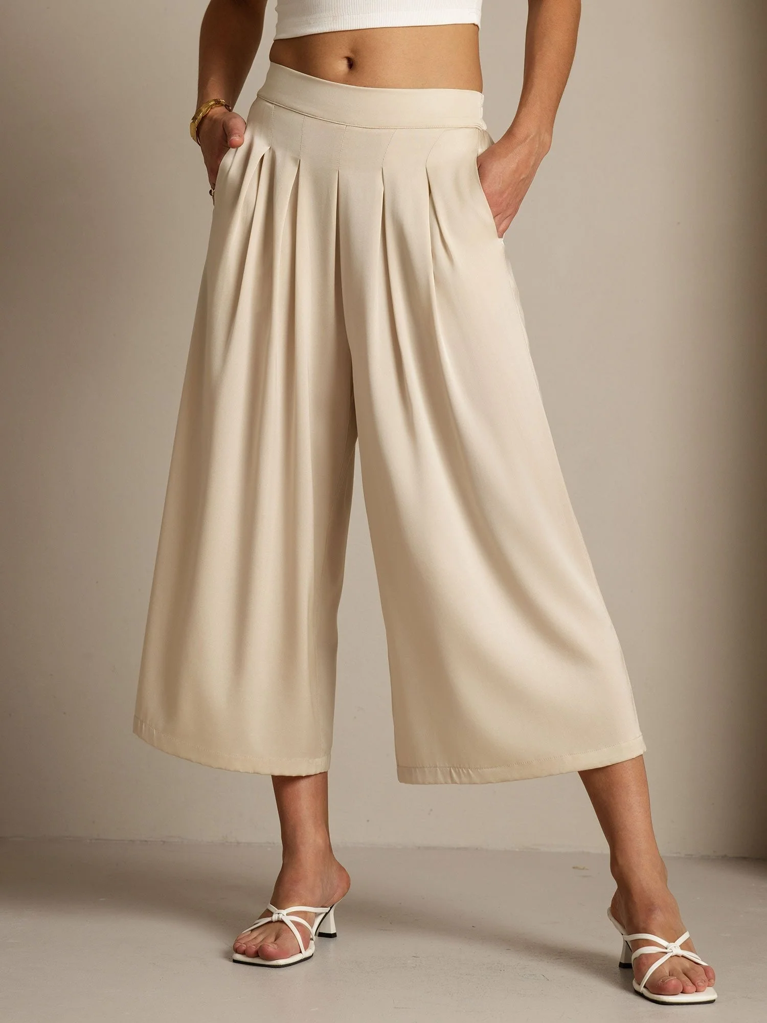Damen 19Momme Seide Hohe Taille Plissierte Weite Capri Hose - Image 8