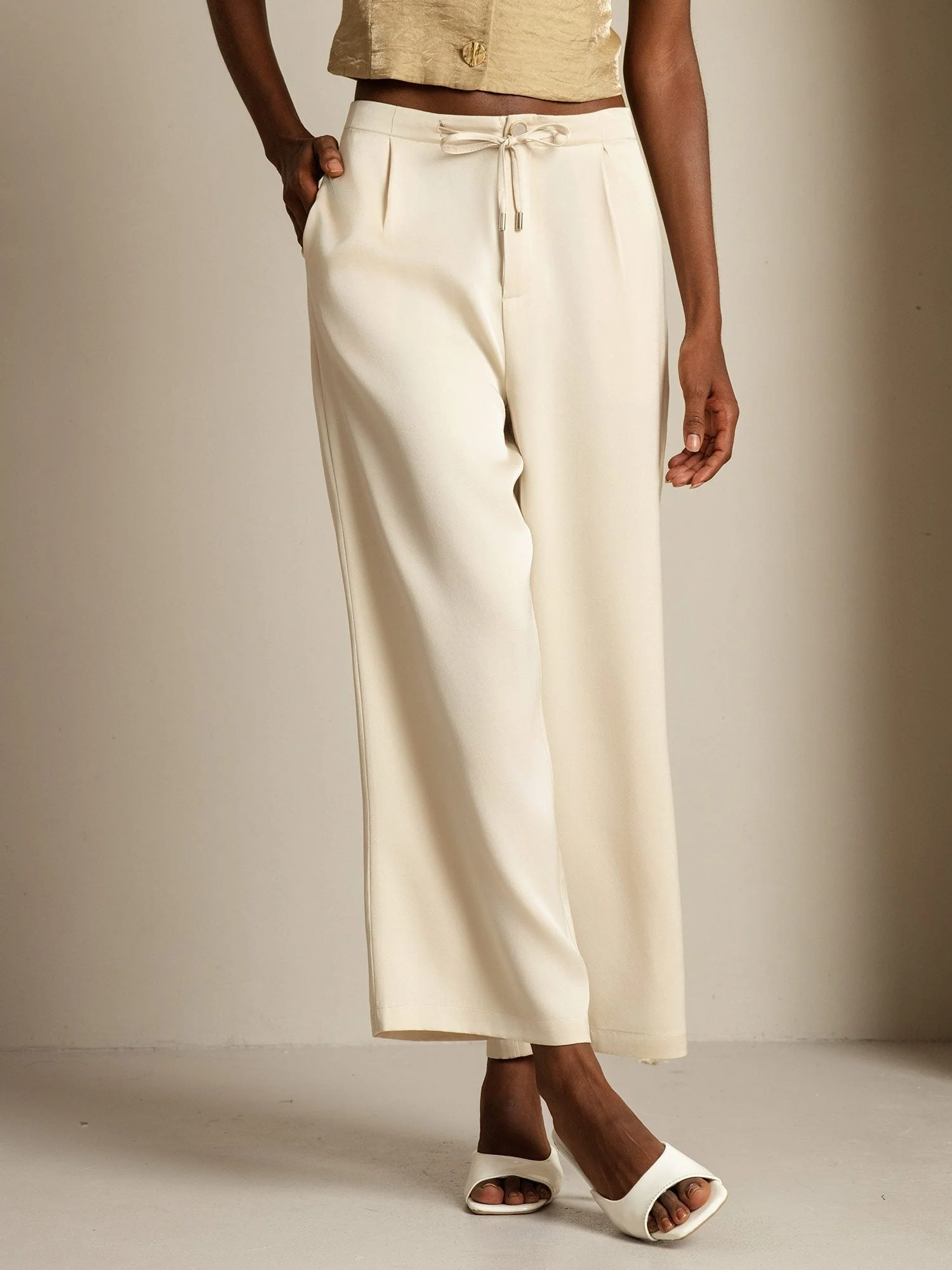Clearance - Damen 19Momme Seide Hohe Taille Weite Hose Mit Kordelzug Und Taschen - Image 11