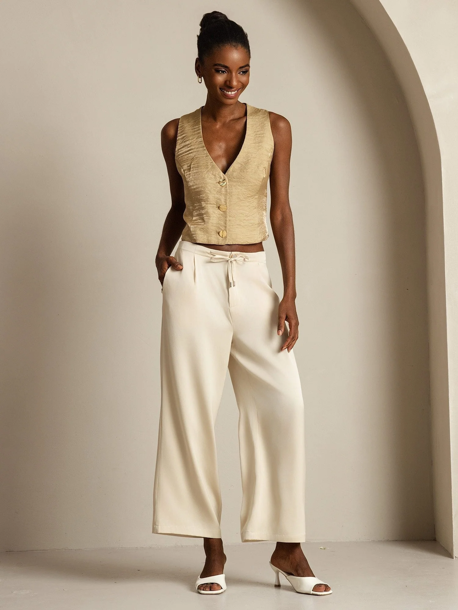 Clearance - Damen 19Momme Seide Hohe Taille Weite Hose Mit Kordelzug Und Taschen - Image 16