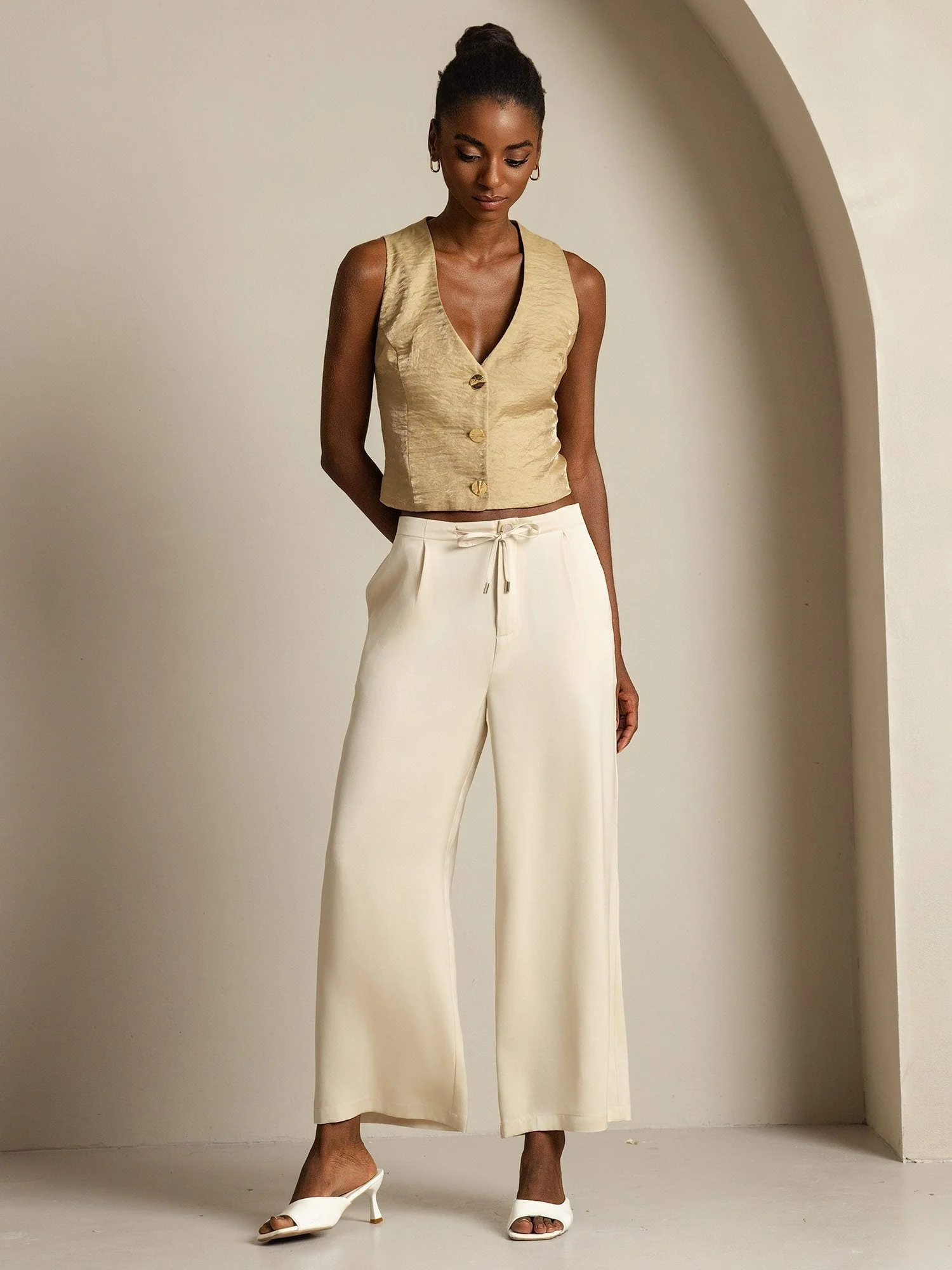 Clearance - Damen 19Momme Seide Hohe Taille Weite Hose Mit Kordelzug Und Taschen - Image 17