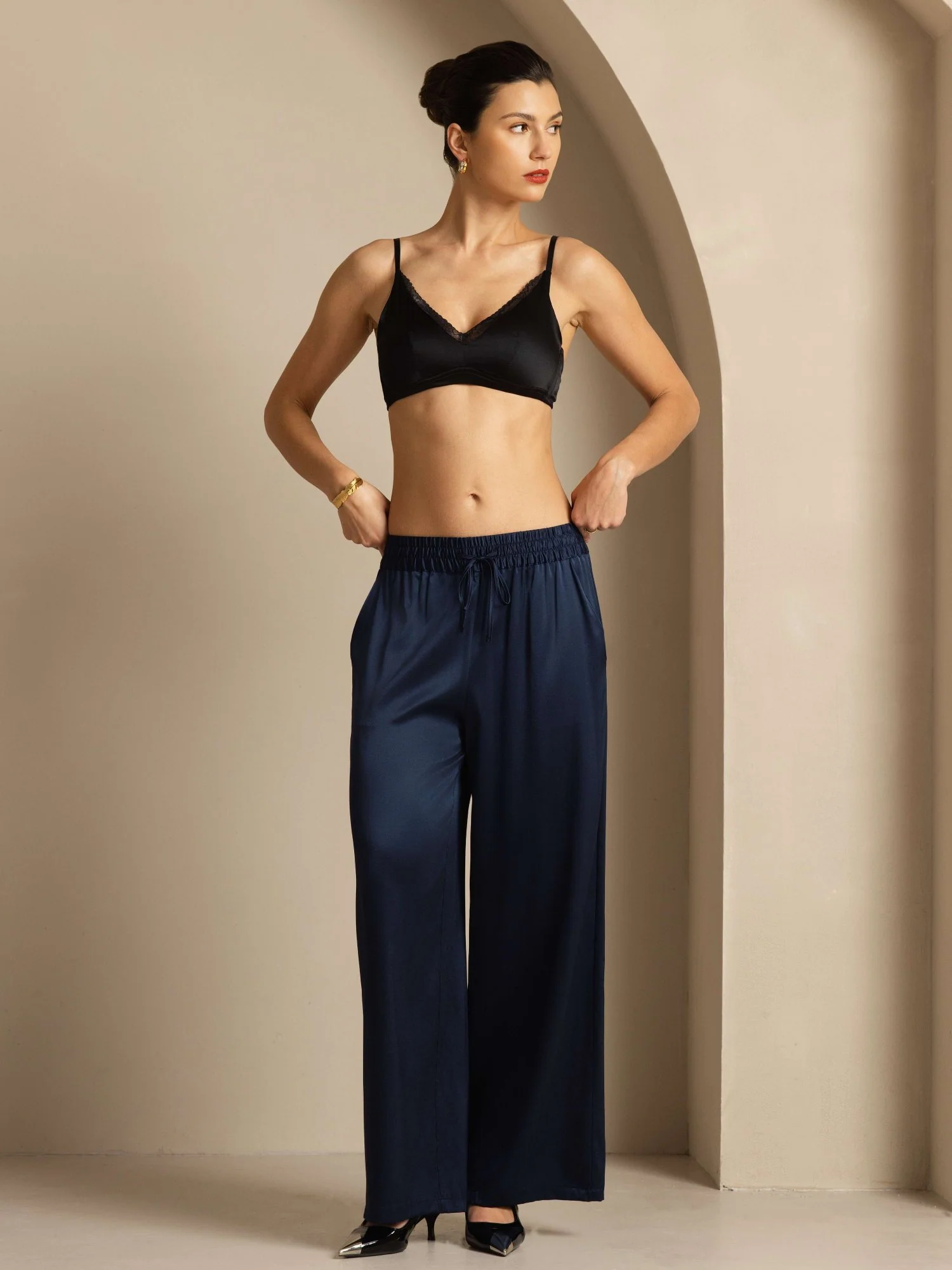 19Momme Seide Damen High-Waist Weite Bein Hose mit Shirred Kordelzug Taille - Image 22