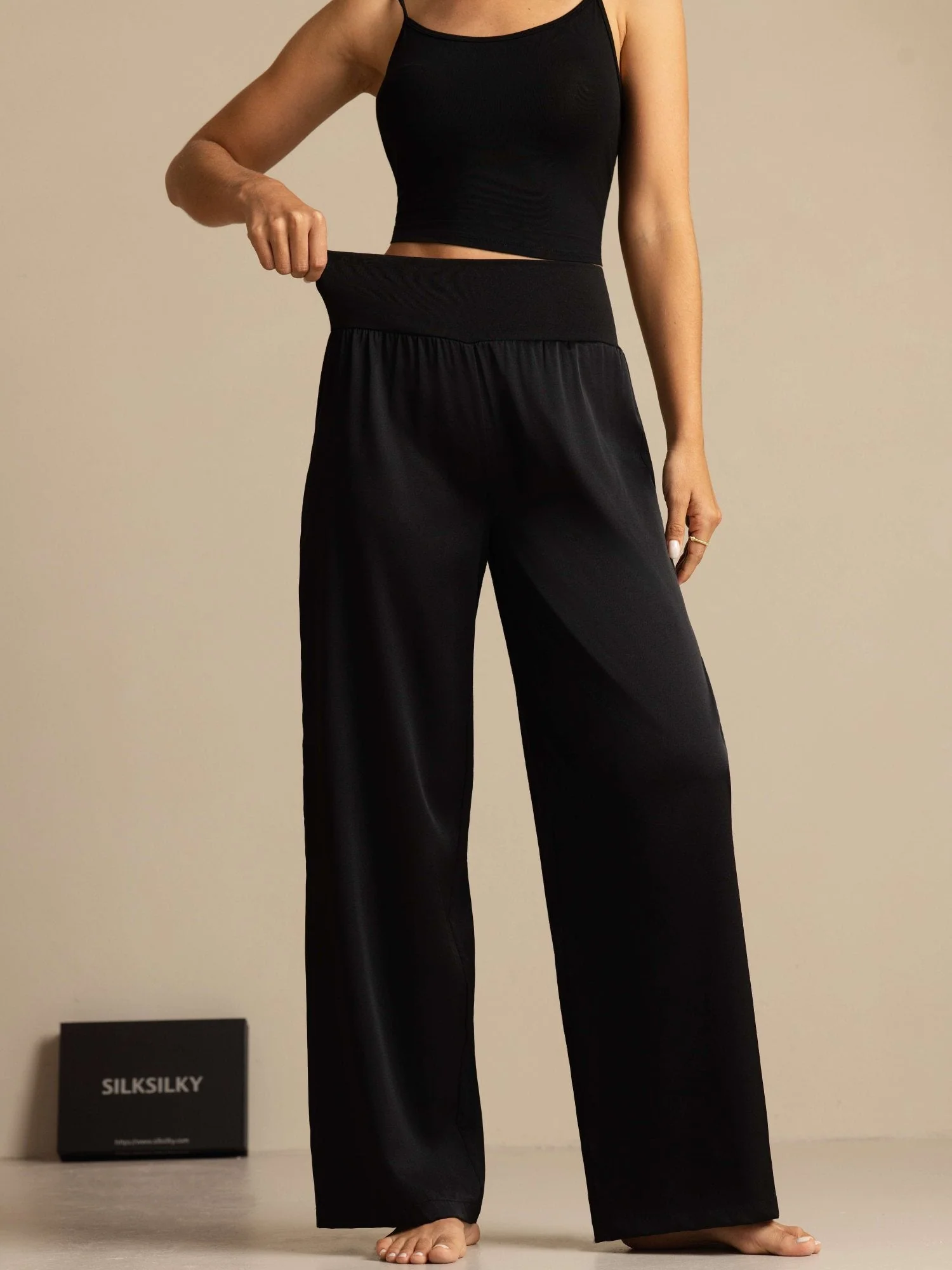 19Momme Seide Damen Hochtaillierte Weite Beinhose mit Breit Dehnbund