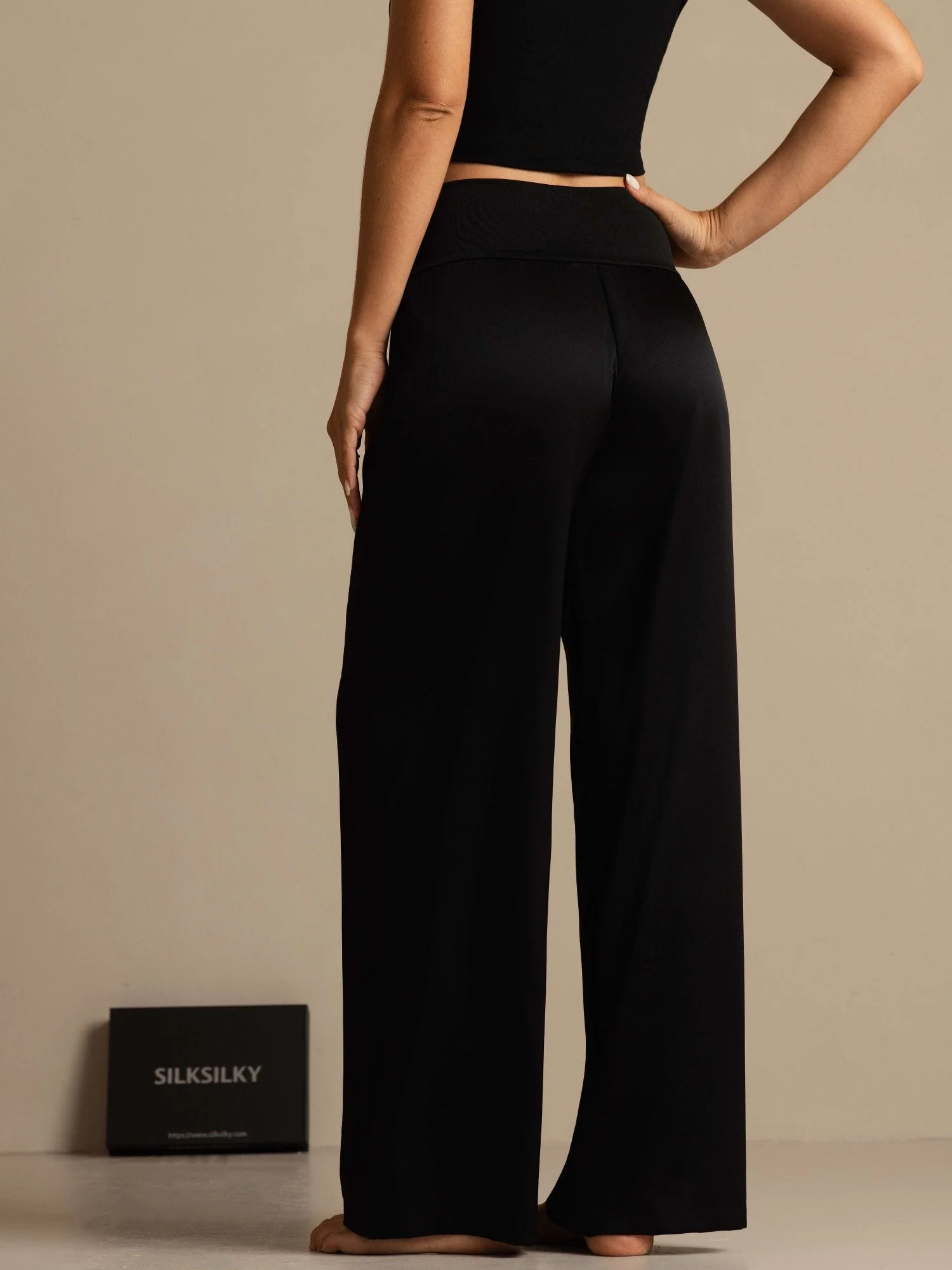 19Momme Seide Damen Hochtaillierte Weite Beinhose mit Breit Dehnbund - Image 2