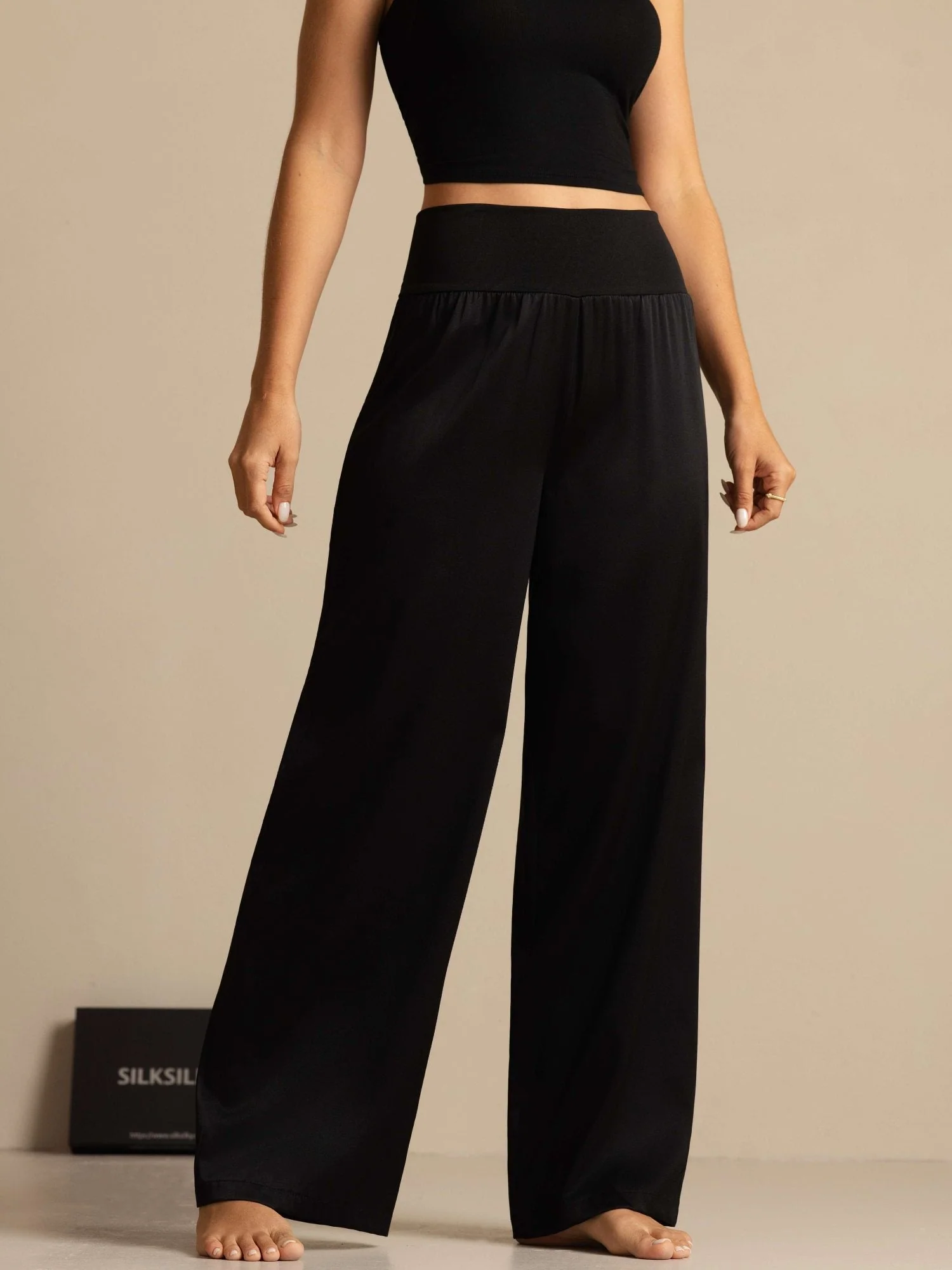 19Momme Seide Damen Hochtaillierte Weite Beinhose mit Breit Dehnbund - Image 3