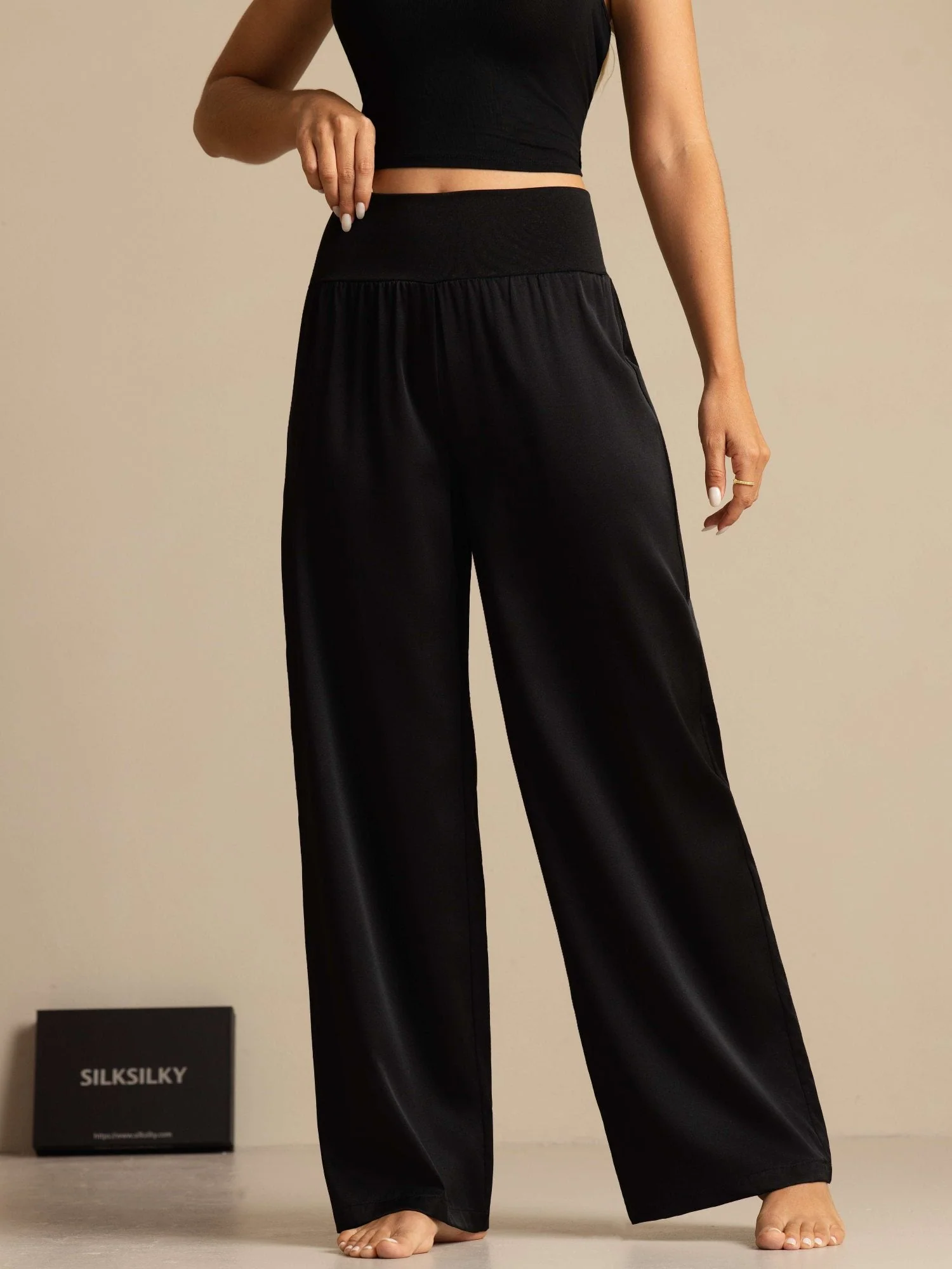 19Momme Seide Damen Hochtaillierte Weite Beinhose mit Breit Dehnbund - Image 5