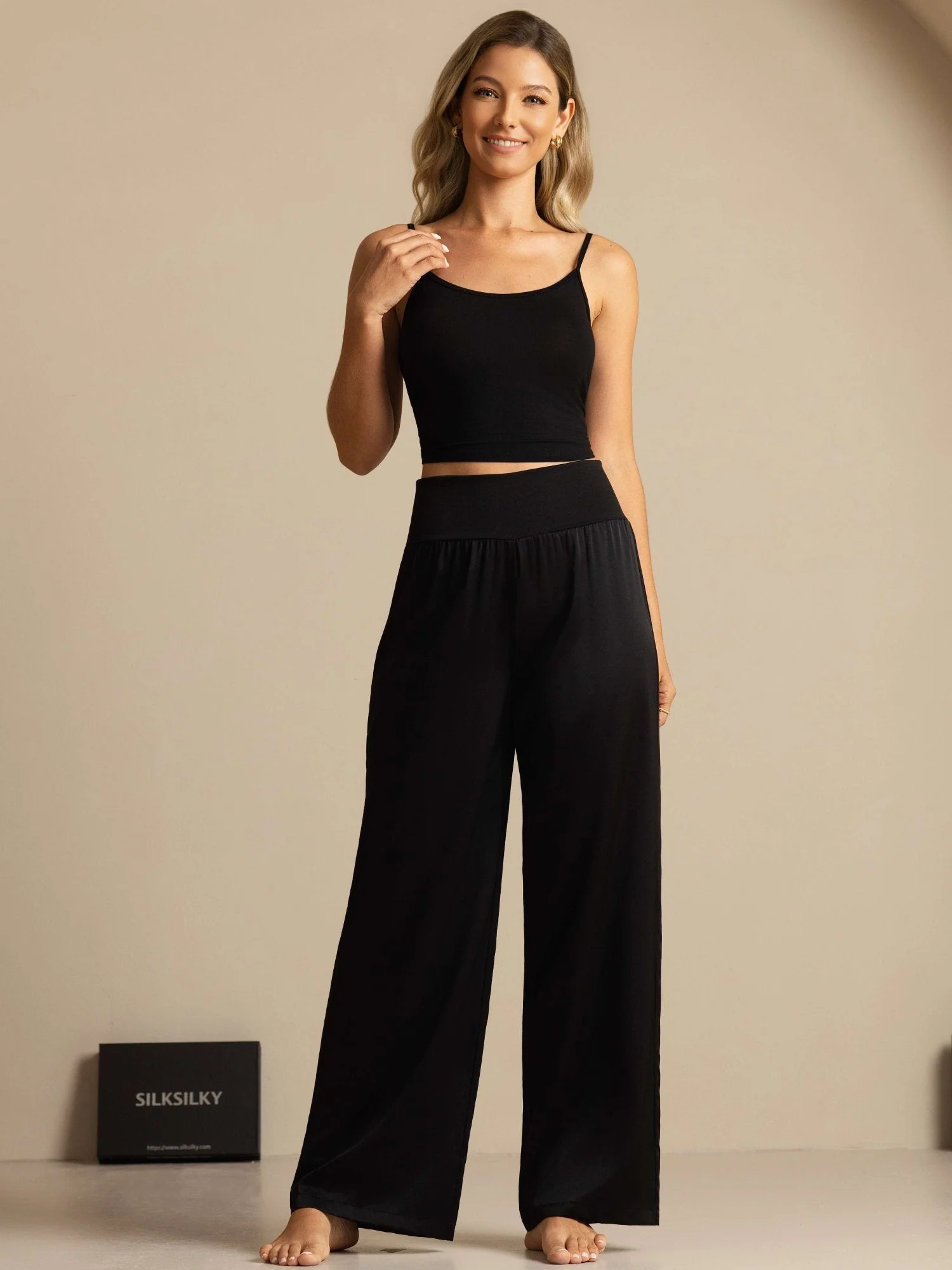 19Momme Seide Damen Hochtaillierte Weite Beinhose mit Breit Dehnbund - Image 6