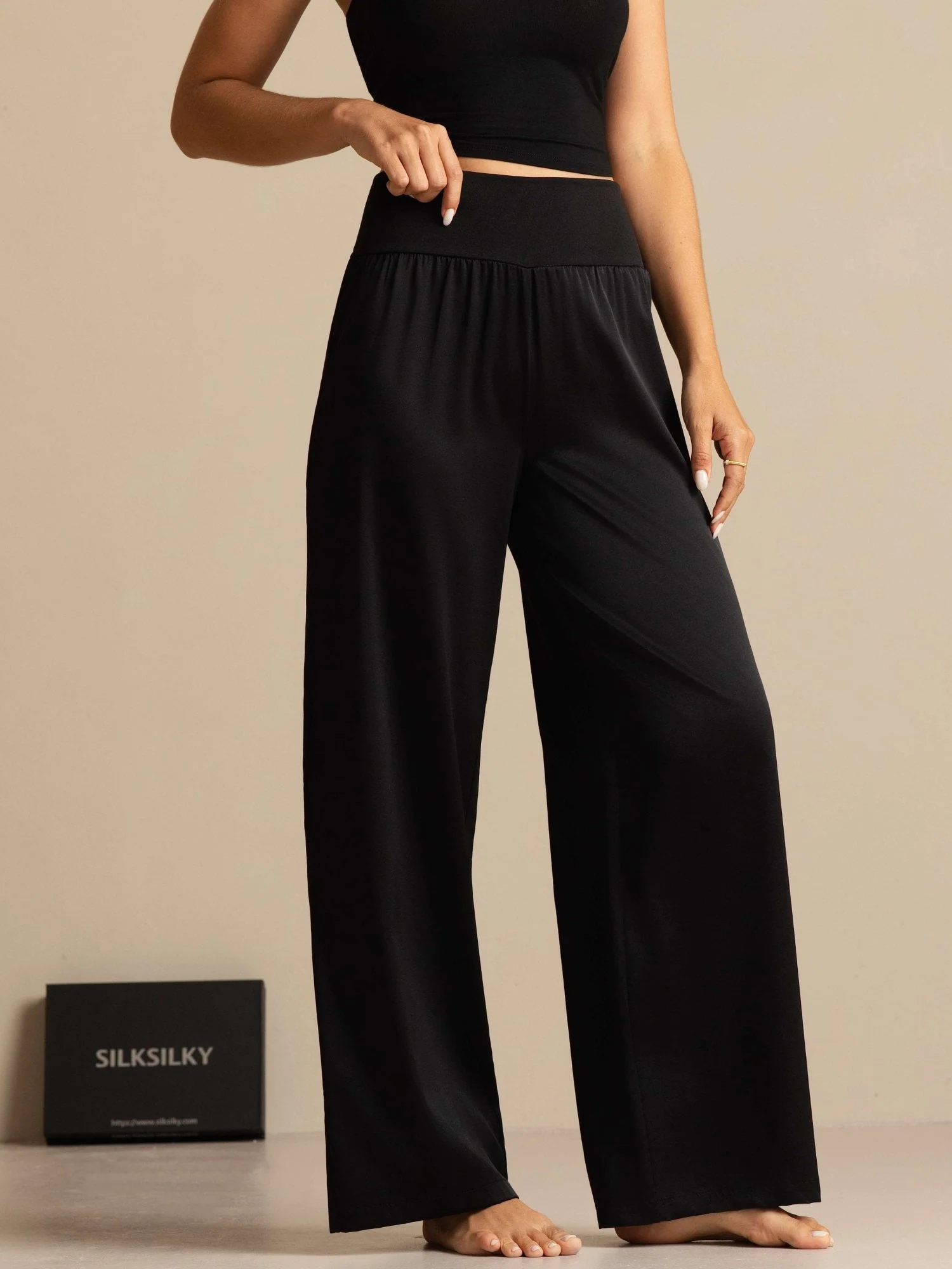 19Momme Seide Damen Hochtaillierte Weite Beinhose mit Breit Dehnbund - Image 7