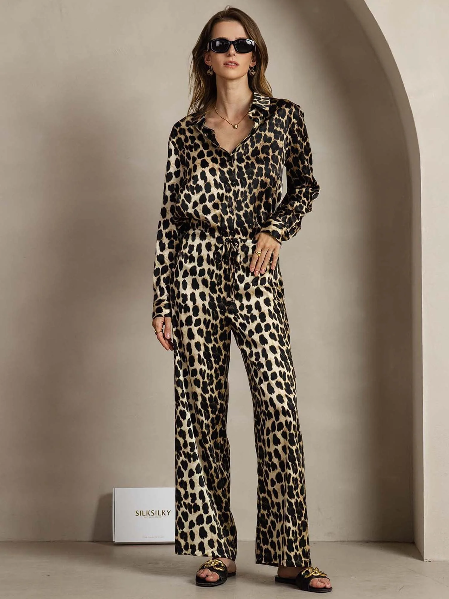 19Momme Damen Seide Leopardenprint Knopfhemd Und Weite Hose Set