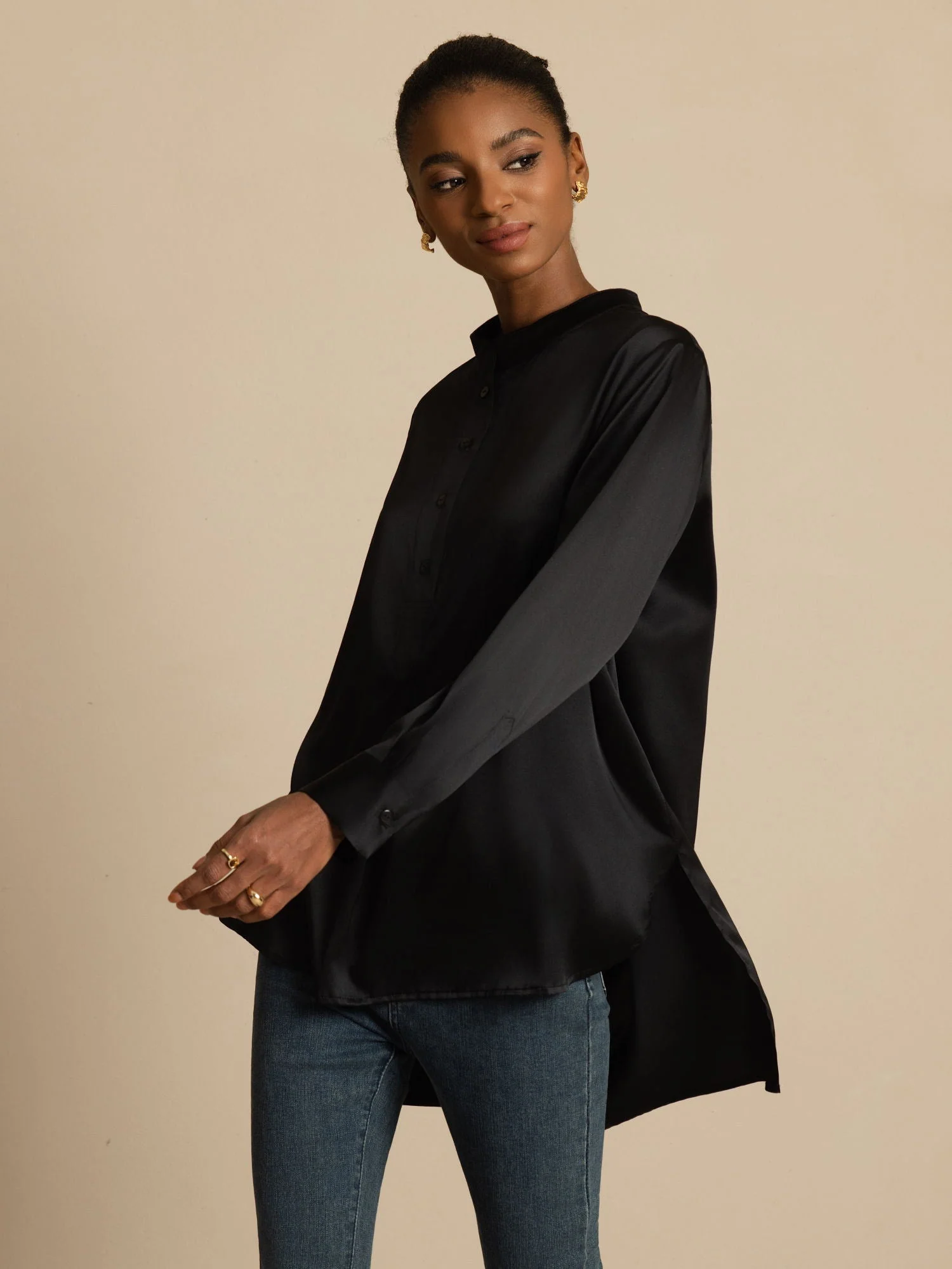 19Momme Seide Damen Standkragen High-Low Bluse Mit Knopfdetails - Image 19