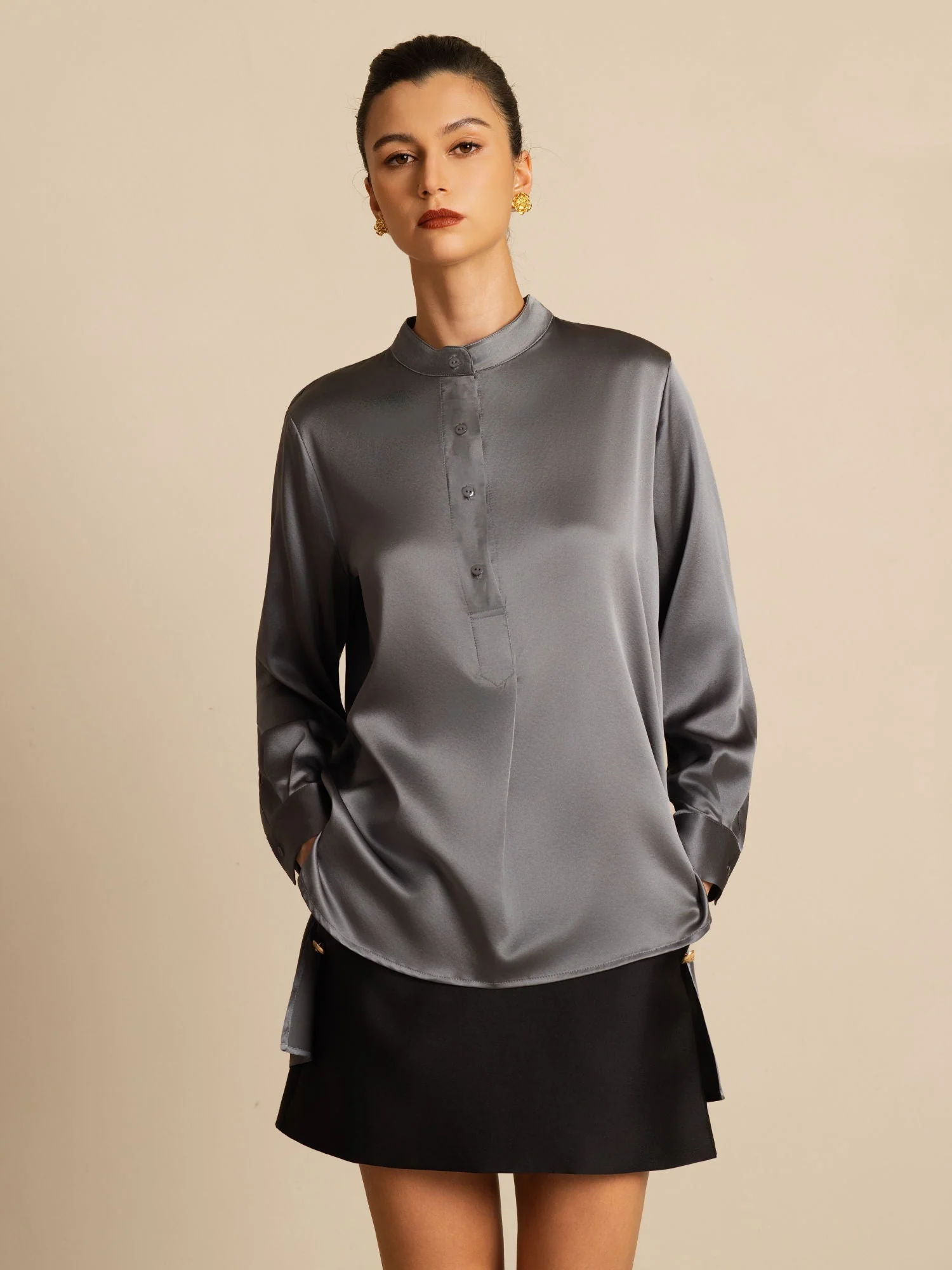19Momme Seide Damen Standkragen High-Low Bluse Mit Knopfdetails - Image 26