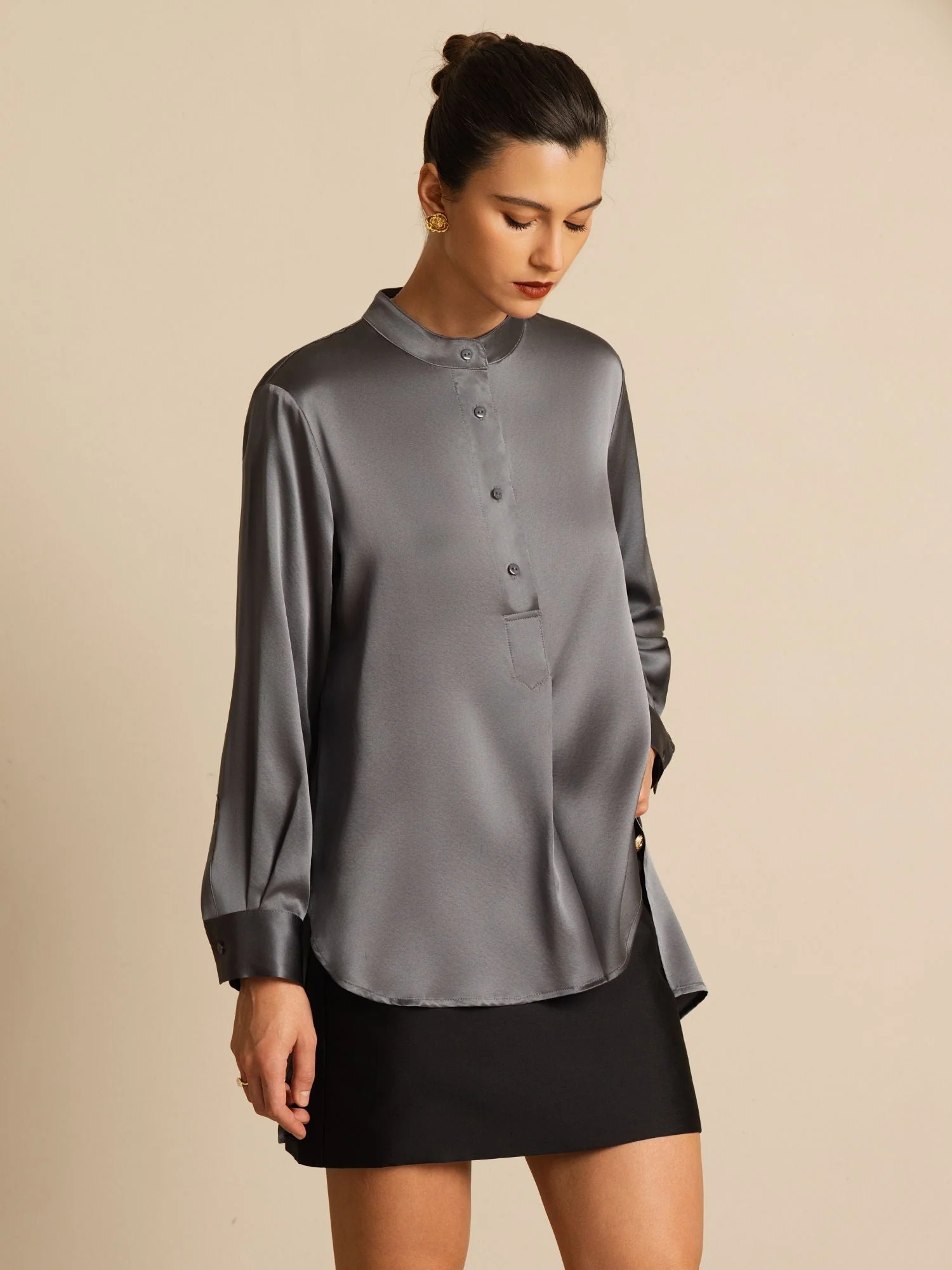 19Momme Seide Damen Standkragen High-Low Bluse Mit Knopfdetails - Image 27