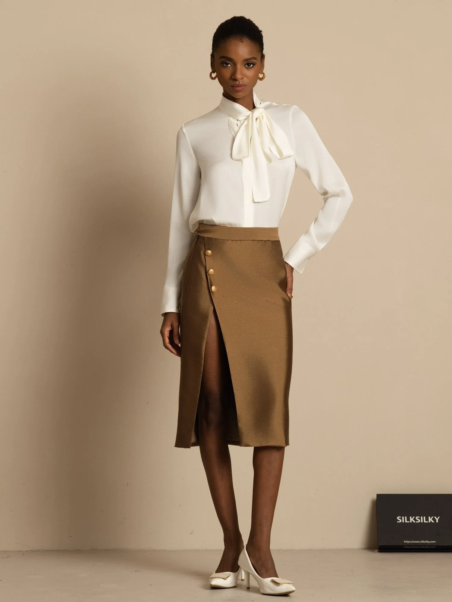 19Momme Seiden Damen Tie Neck Langarm Bluse - Image 2