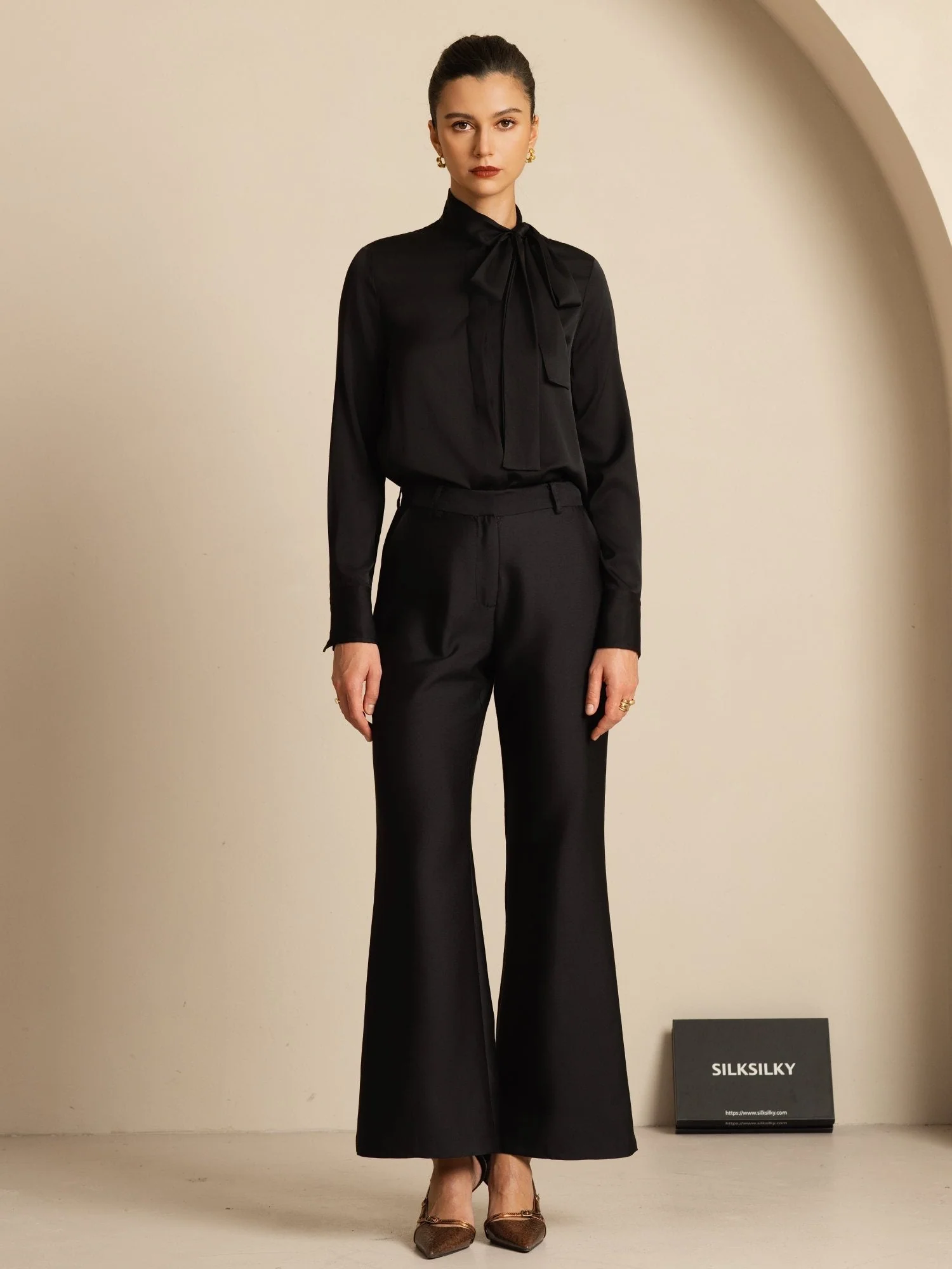 19Momme Seiden Damen Tie Neck Langarm Bluse - Image 7