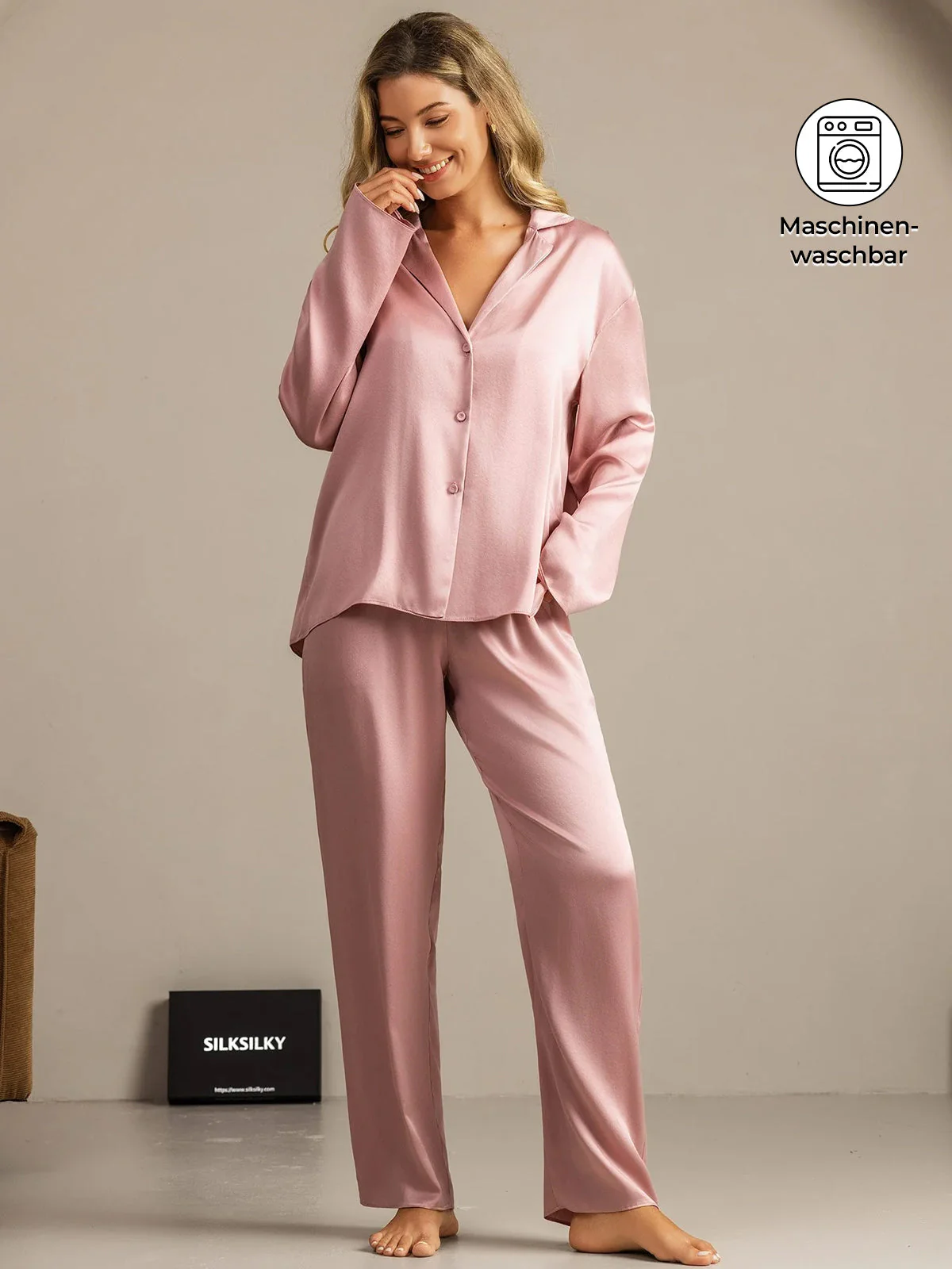 19Momme Waschbare Seide Langarm Notch Kragen Damen Schlafanzug Set - Image 17