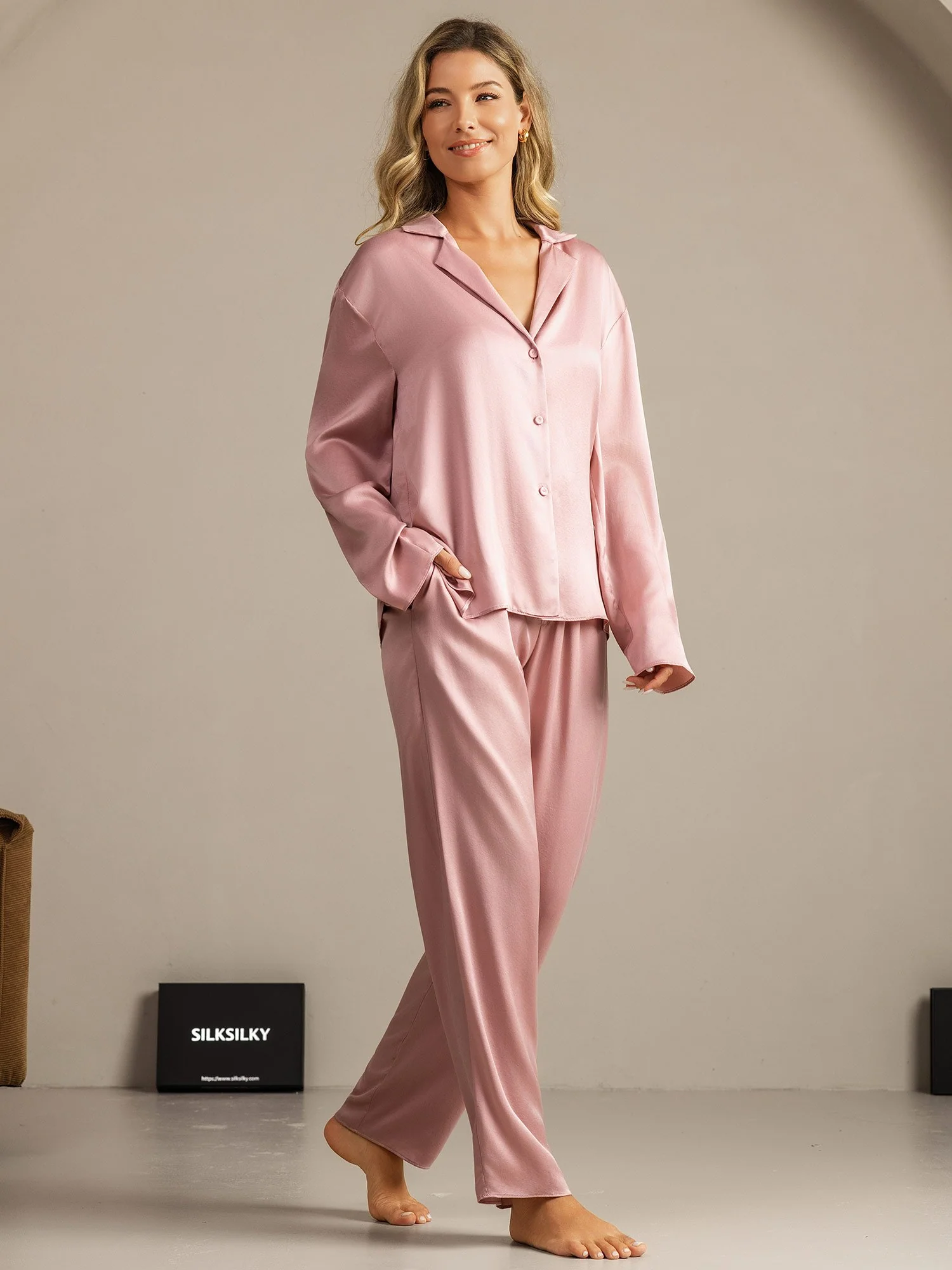 19Momme Waschbare Seide Langarm Notch Kragen Damen Schlafanzug Set - Image 22