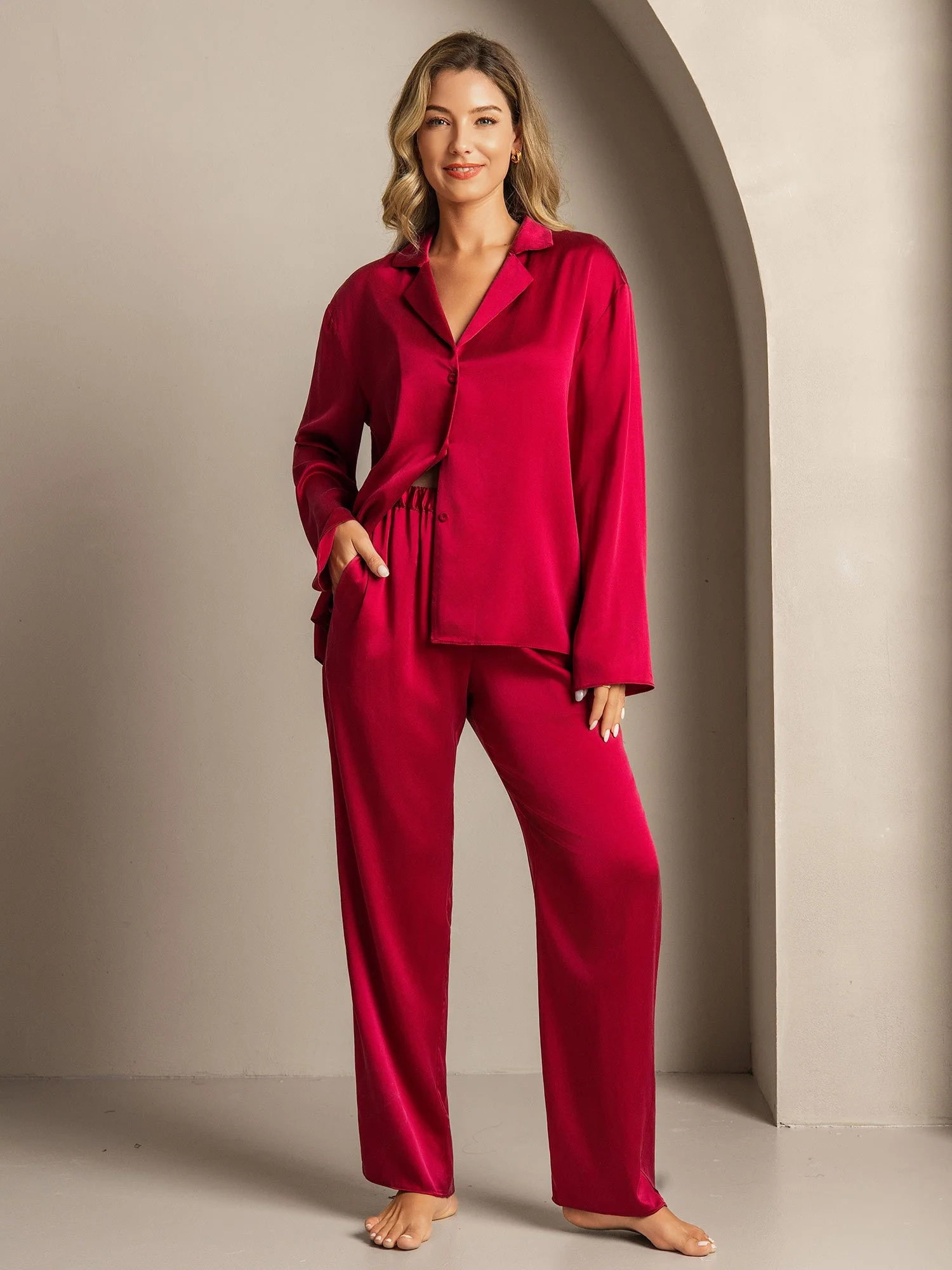19Momme Waschbare Seide Langarm Notch Kragen Damen Schlafanzug Set - Image 37