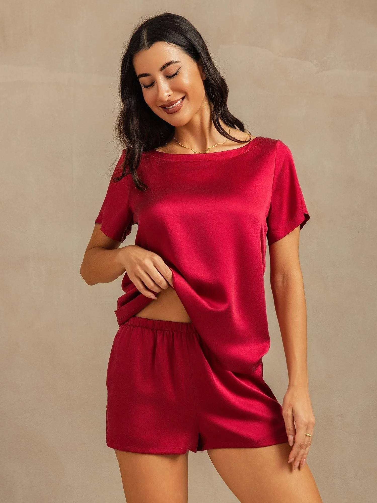 19Momme Damen Seiden Kurzarm Rundkragen Pyjama Set mit Seitentaschen Design - Image 15