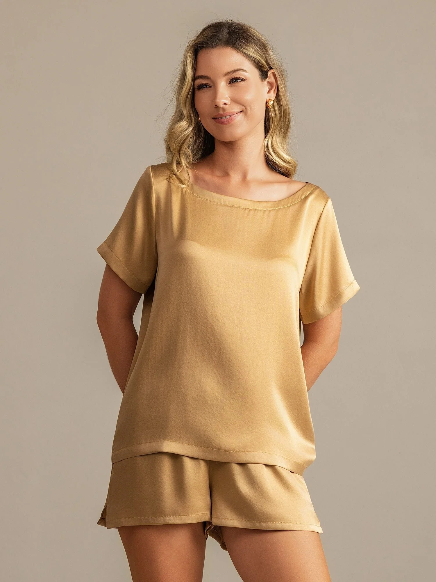 19Momme Damen Seiden Kurzarm Rundkragen Pyjama Set mit Seitentaschen Design - Image 36