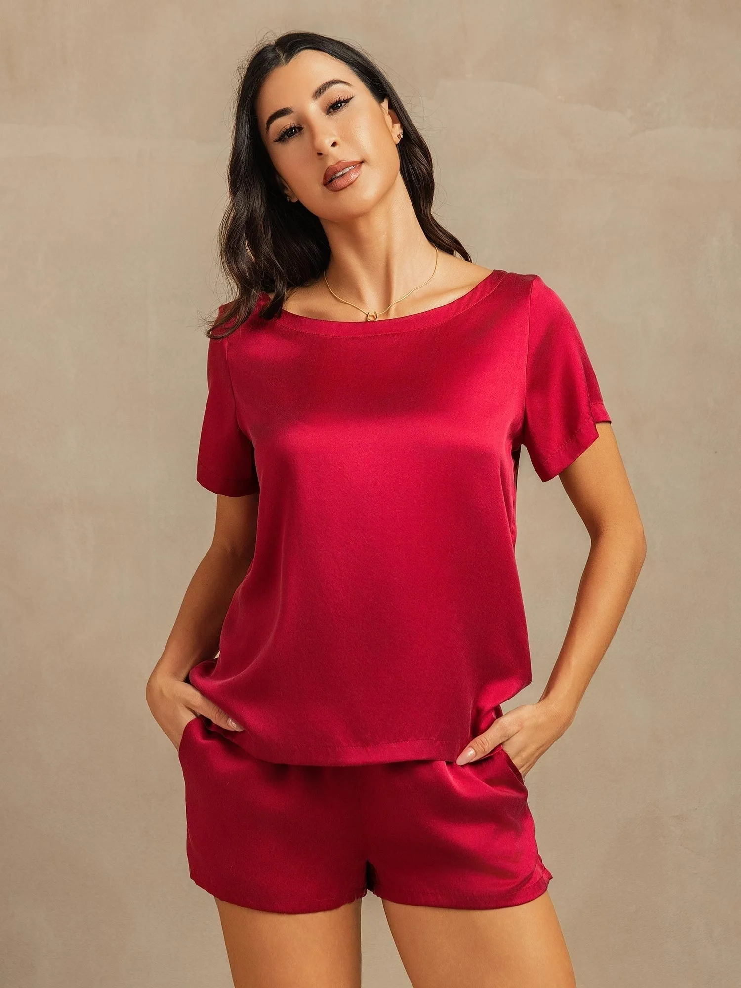 19Momme Damen Seiden Kurzarm Rundkragen Pyjama Set mit Seitentaschen Design - Image 8
