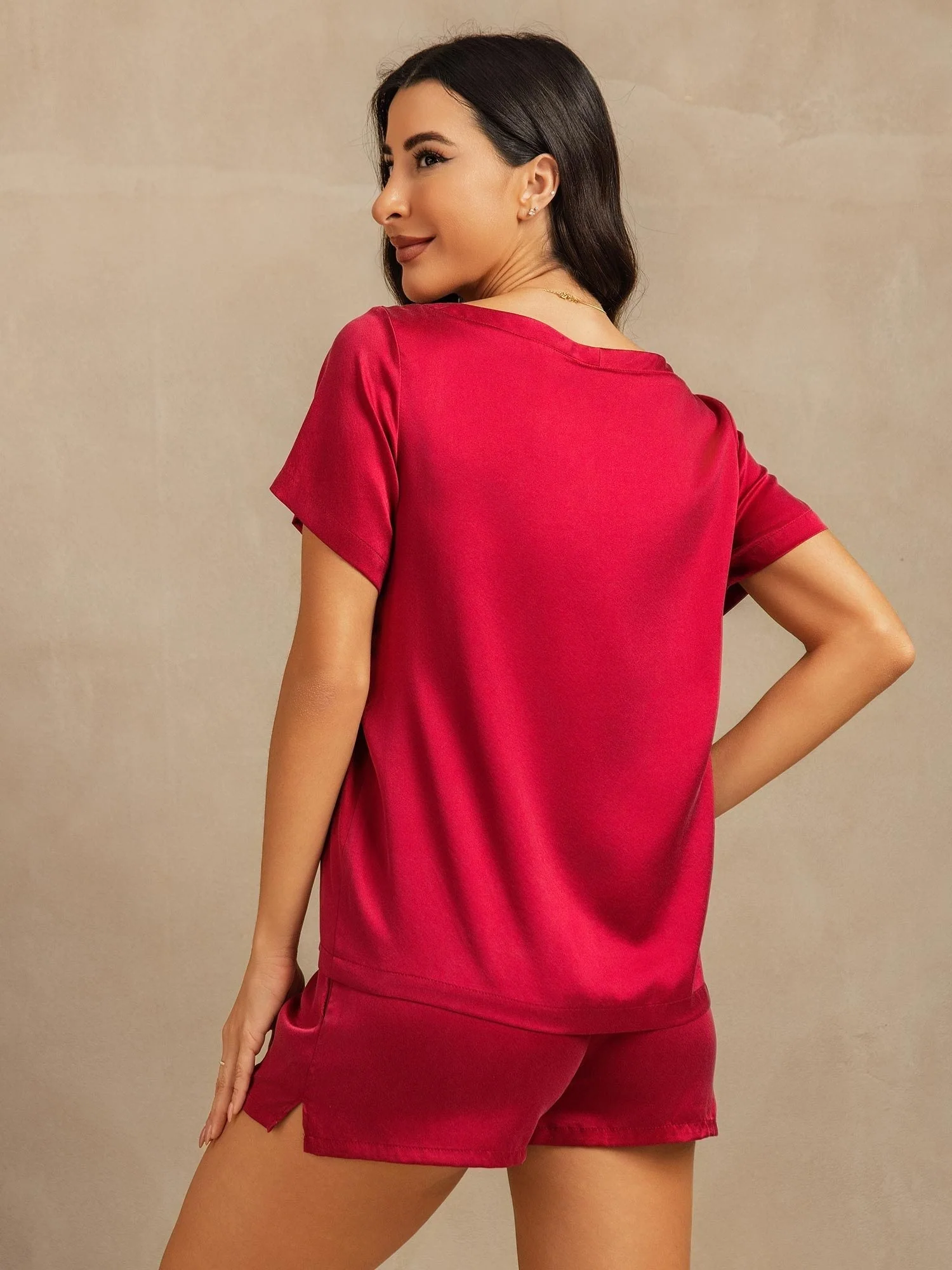 19Momme Damen Seiden Kurzarm Rundkragen Pyjama Set mit Seitentaschen Design - Image 9