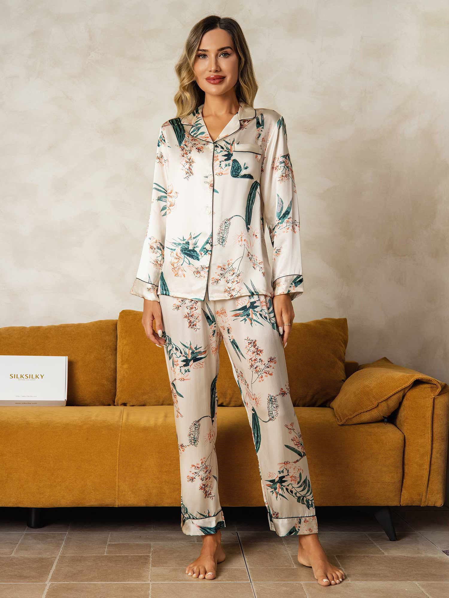 Reines Seiden Damen Schlafanzug Set Mit Langarm Und Botanischem Druck Mit Hose - Image 5